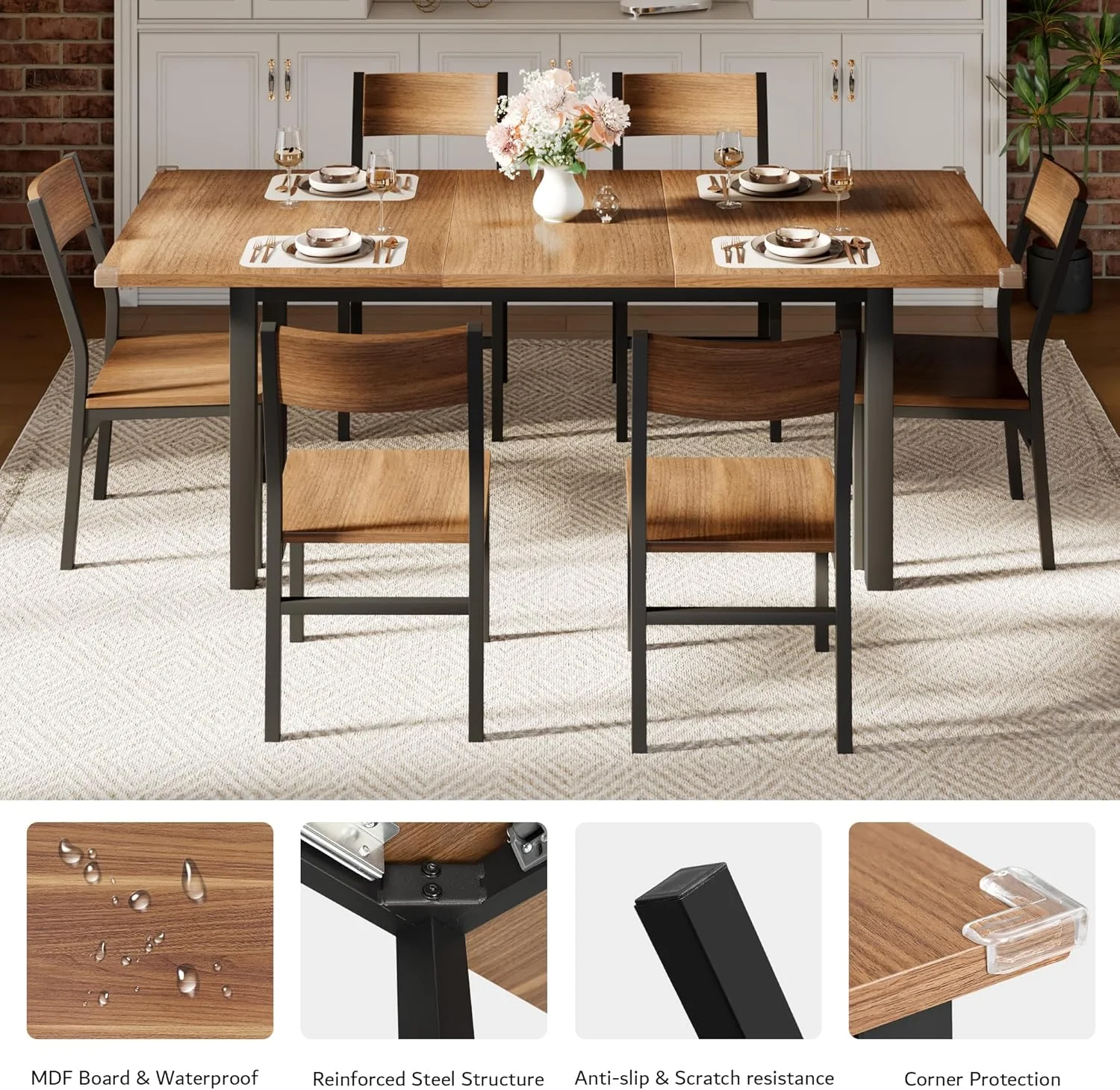 iPormis 63" Extendable Dining Table for 4-8, Square Wooden Dining Room Table with Metal Base, Modern Extendable Table for Small Kitchens, Dining Office Areas, Black - Image 20