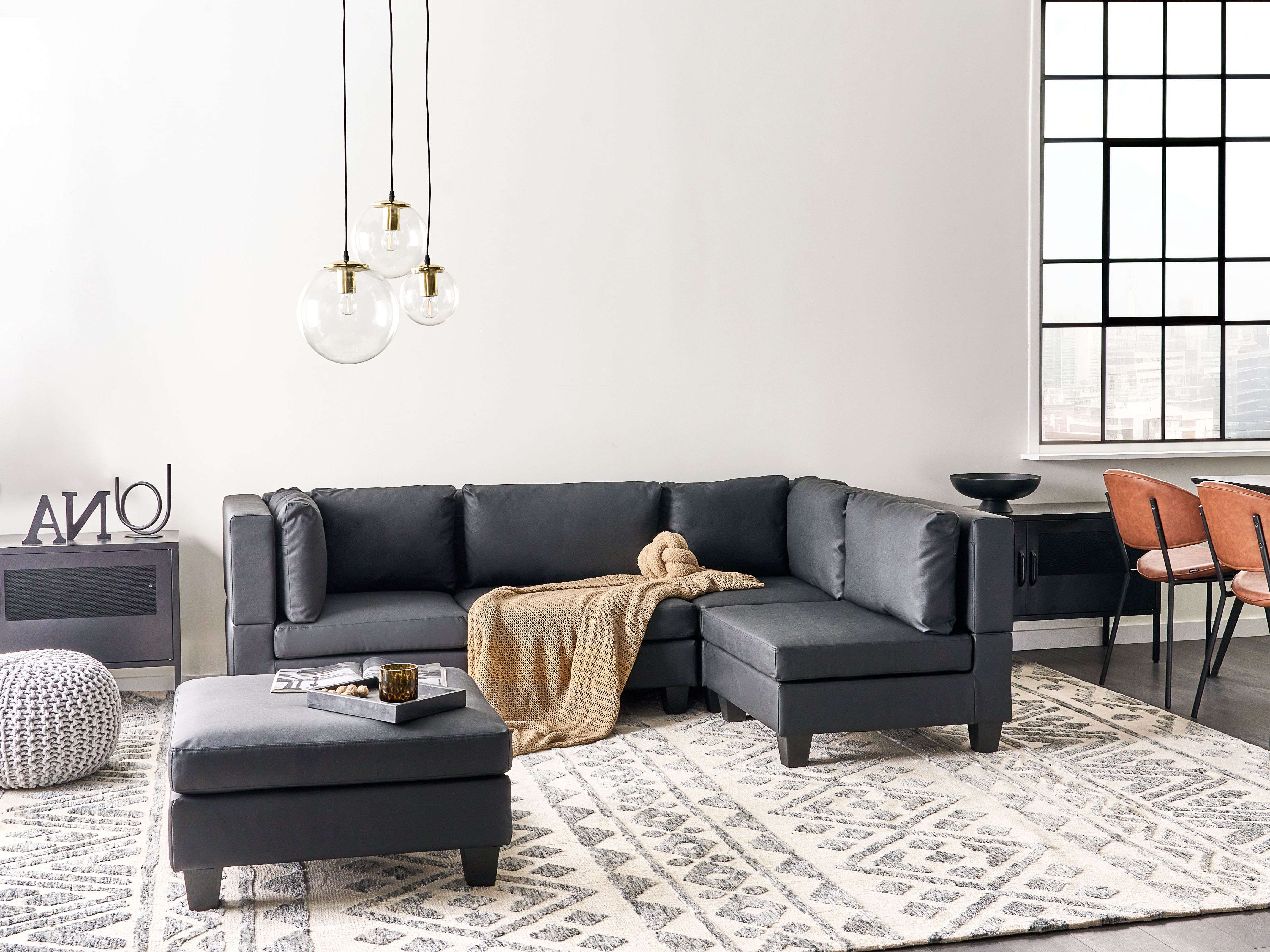 Modular Corner Sofa 4 Seater UNSTAD Faux Leather Black with Ottoman Left Hand