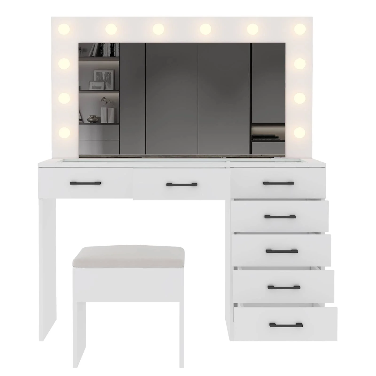 Ktaxon Large Makeup Vanity, Vanity Table Set w/ Visible Glass Top w/ Charging Station, White - Image 44