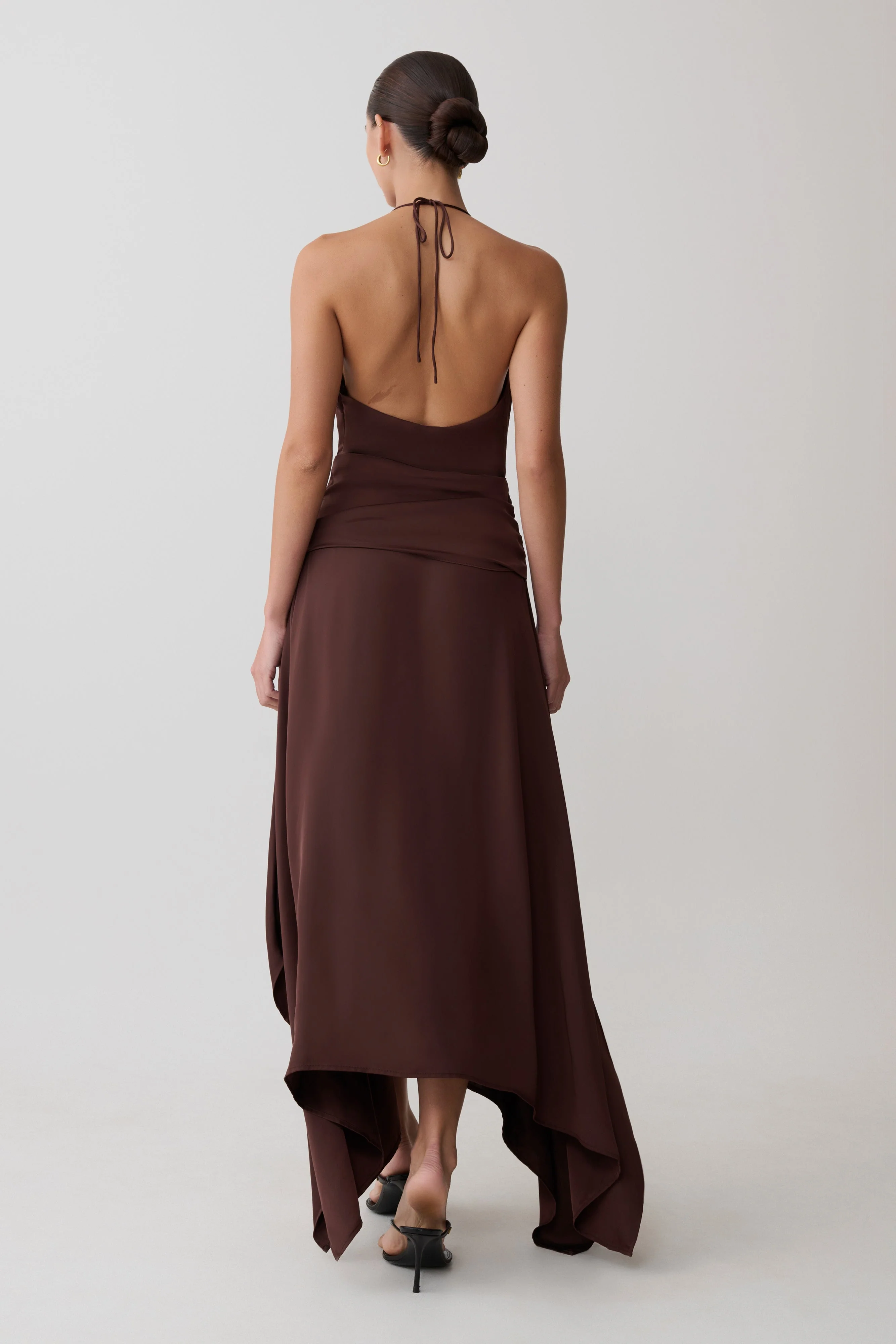 Cyra Plunge Satin Midi Dress - Dark Chocolate
