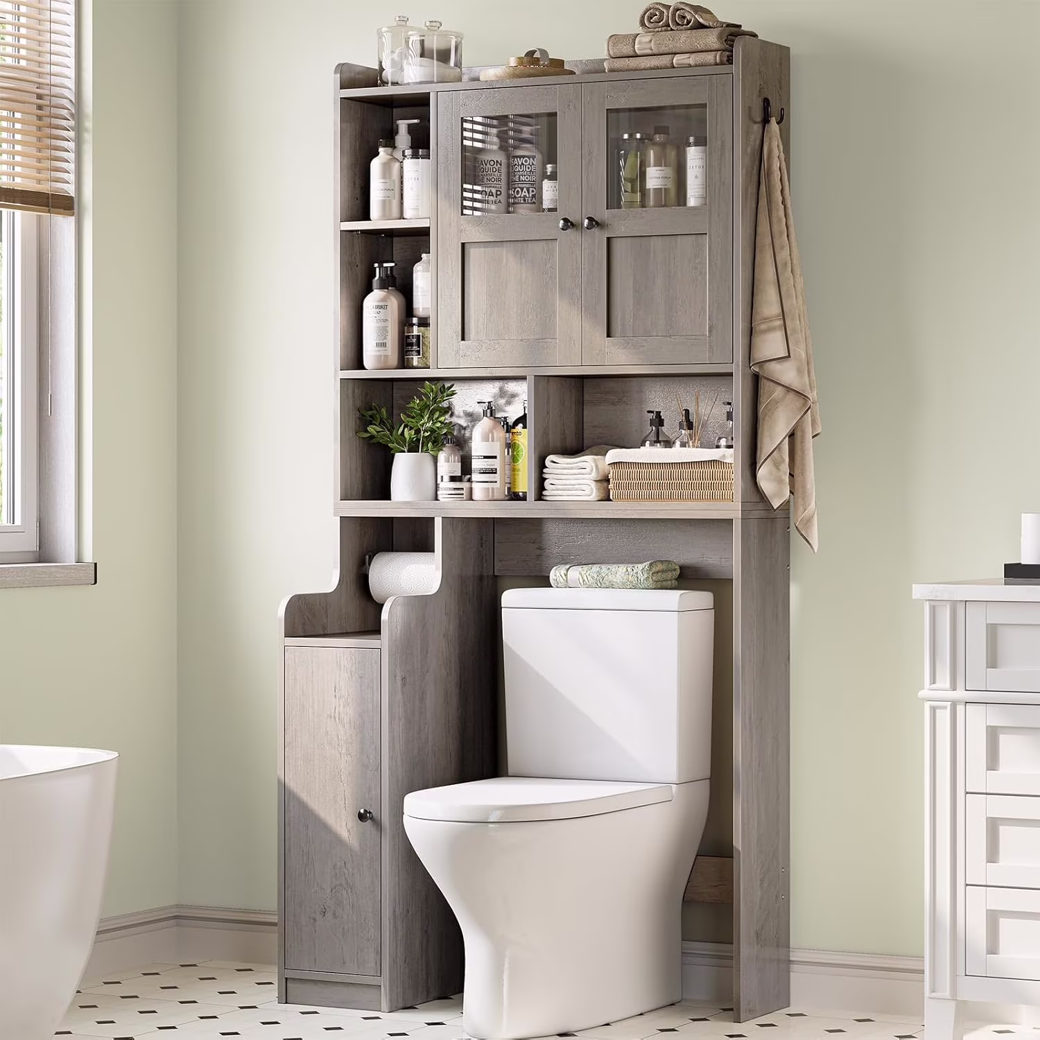 Over The Toilet Storage Cabinet with 3 Doors, Farmhouse Space Saver for Bathroom Organizer with Paper Holder, 10 Shelves and Hooks, 7-Tier Over Washing Machine Cabinet for Laundry, Bathroom, Natural - Image 5