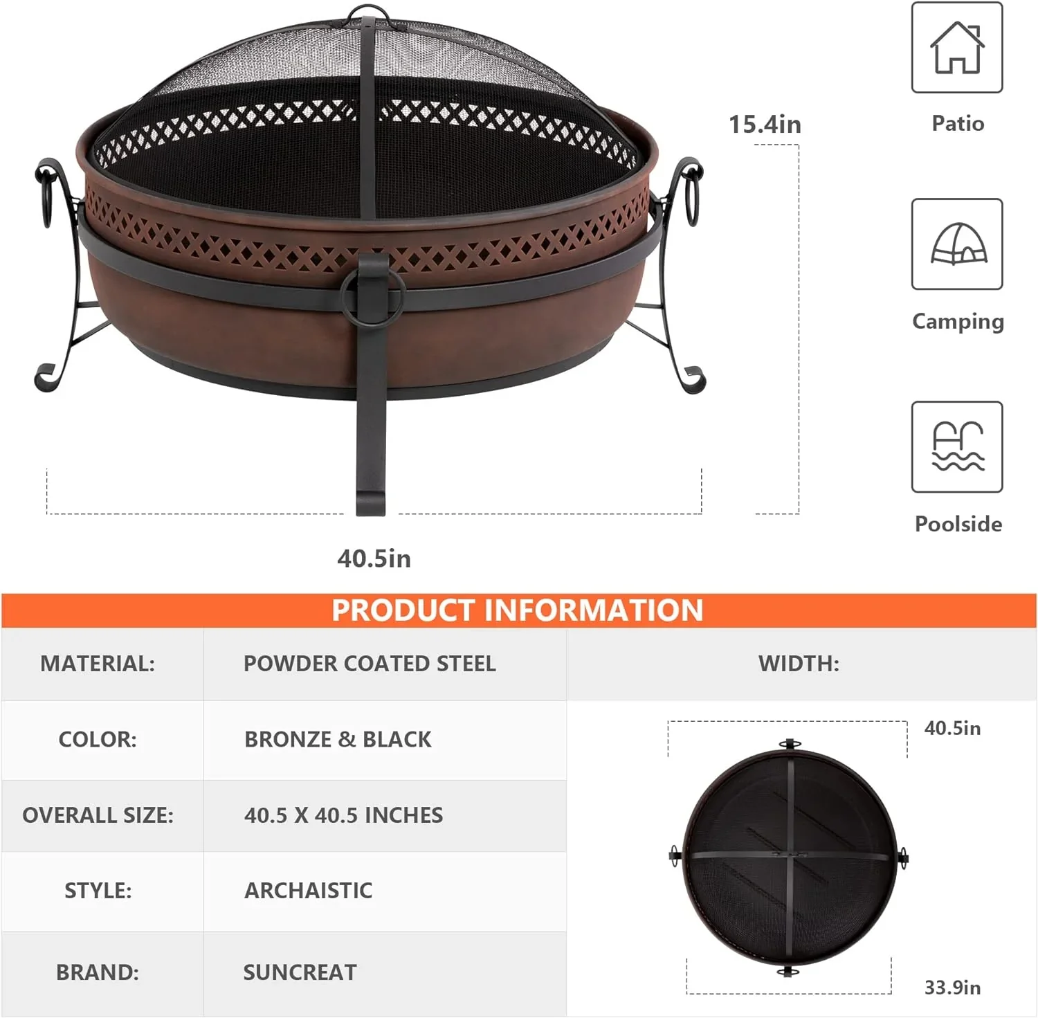SUNCREAT 42-Inch Wood Burning Patio Fire Pit, Black, 42.1 Inch Diameter x 25.2 Inch High - Image 17 SUNCREAT 42-Inch Wood Burning Patio Fire Pit, Black, 42.1 Inch Diameter x 25.2 Inch High - Image 17