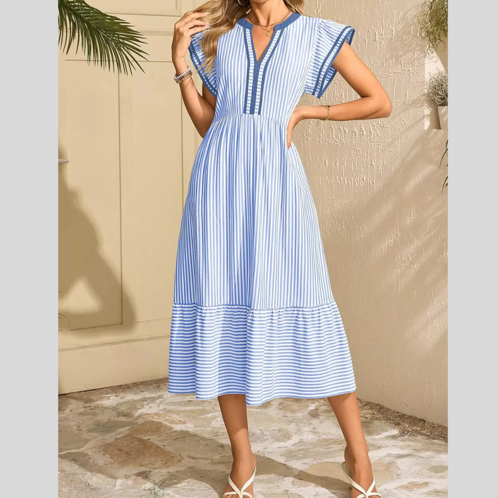 Striped Notched Ruffle Sleeve Dress - ZKZOOK