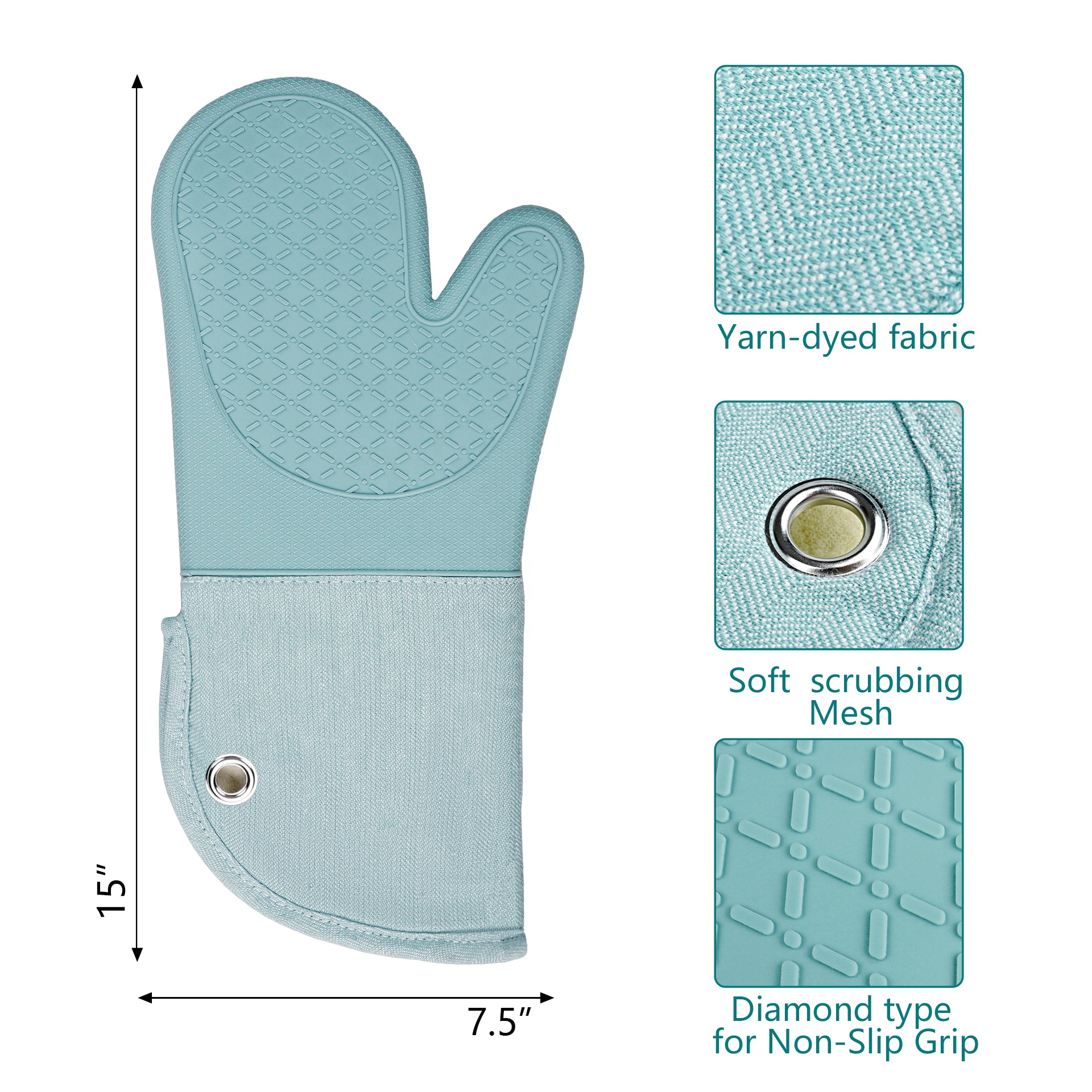 Printed Light Blue Yarn-dyed Eco-Friendly Silicone Cotton Heat Resistant Durable Waterproof Oven Mitt Anti Scalding Oven