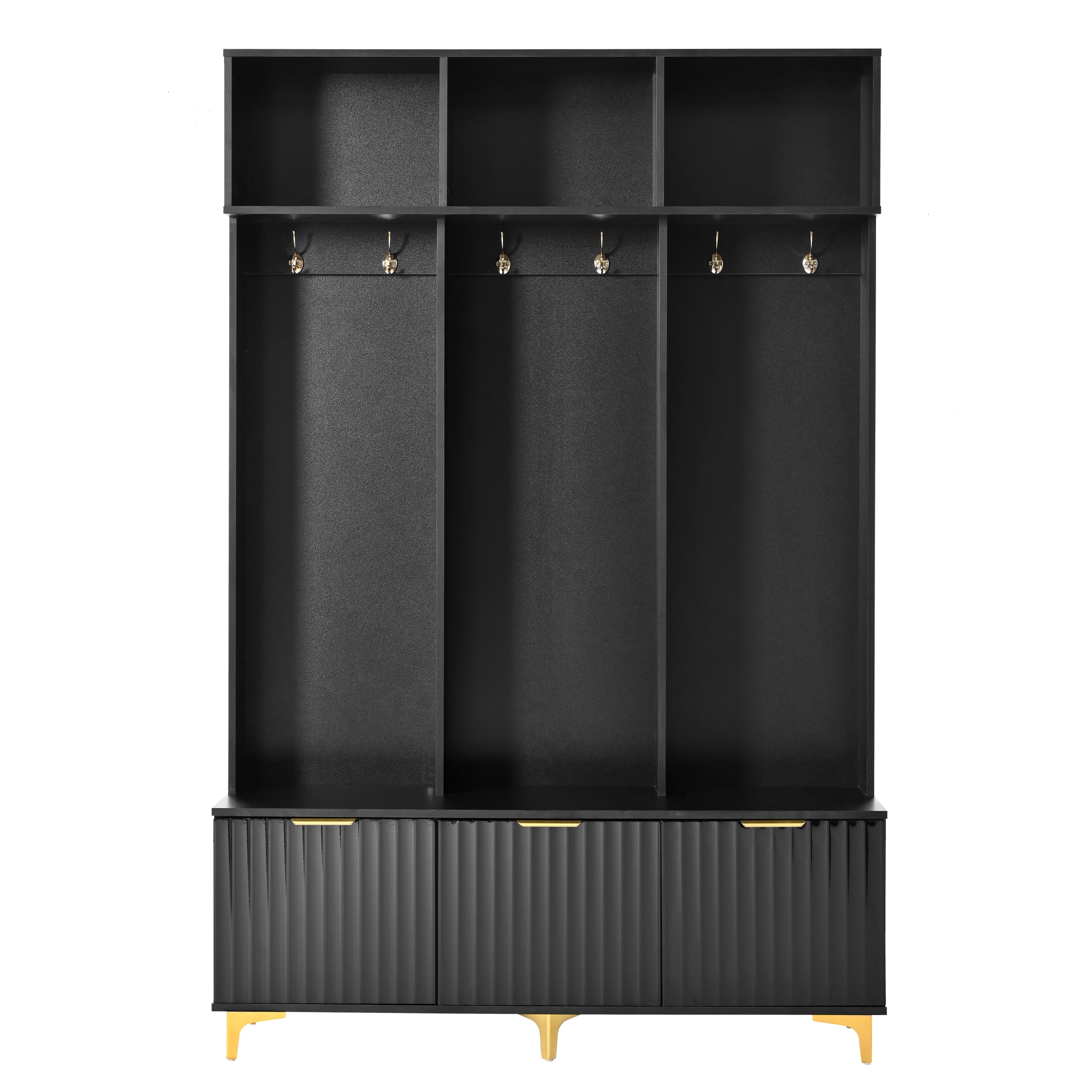 Euroco Modern Hall Tree with High Gloss Fluted Doors, Gold Accents, Shoe Storage & Bench a?? Entryway Organizer with Cubbies and Coat Hooks - Image 10