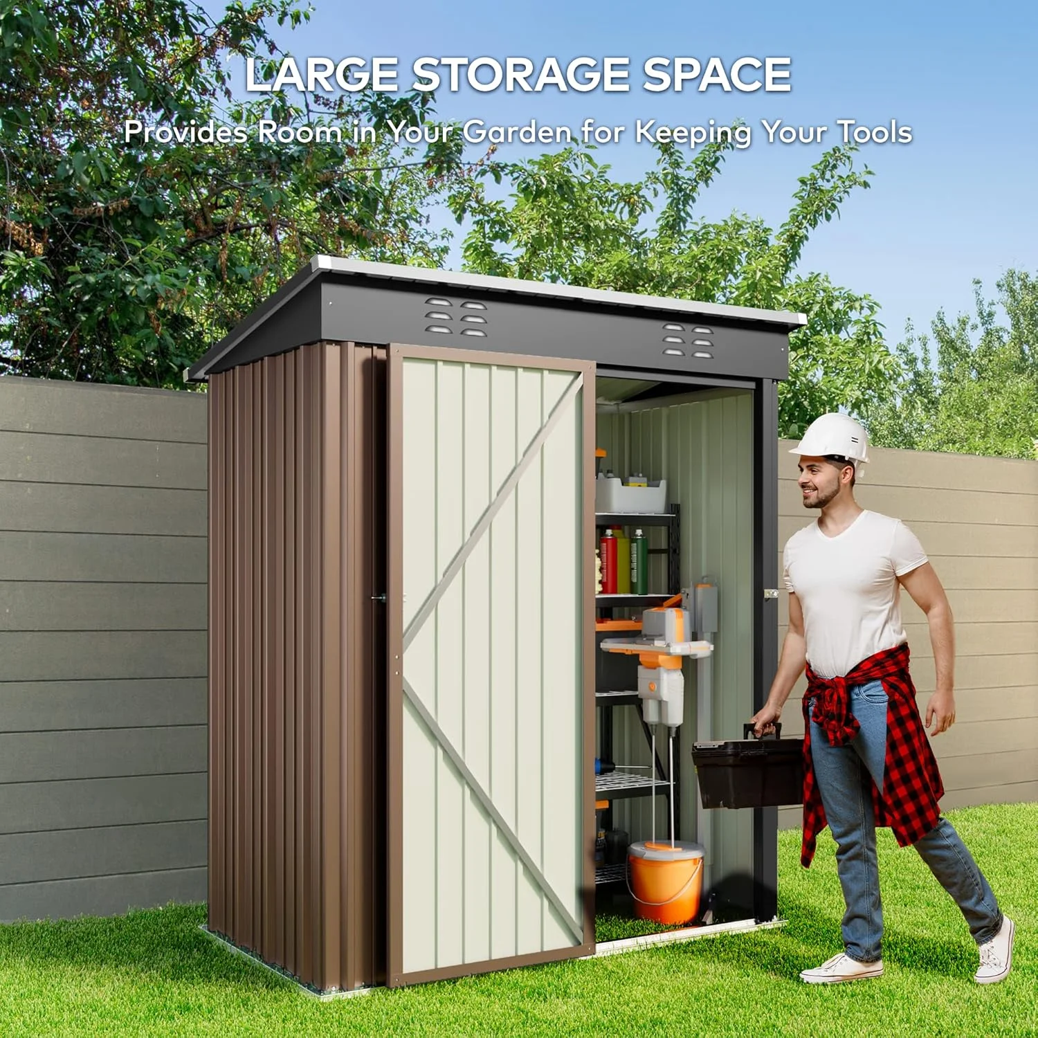 5'x3' Outdoor Storage Shed, Lofka Metal Storage Tool Shed with Single Lockable Door, for Bike| Garden Tools| Patio, Grey - Image 19