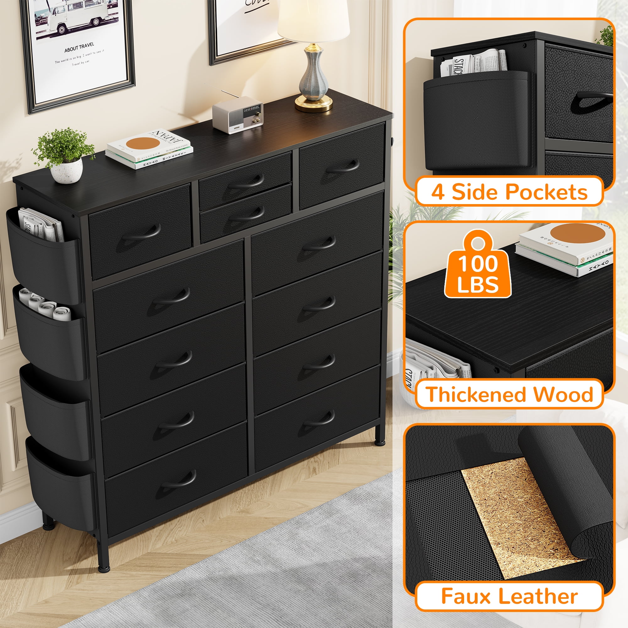 LainTene 12 Drawer Dresser, Chest of Drawers Storage Tower Storage Fabric Dresser with Wood Top for Living Room, Bedroom, Hallway