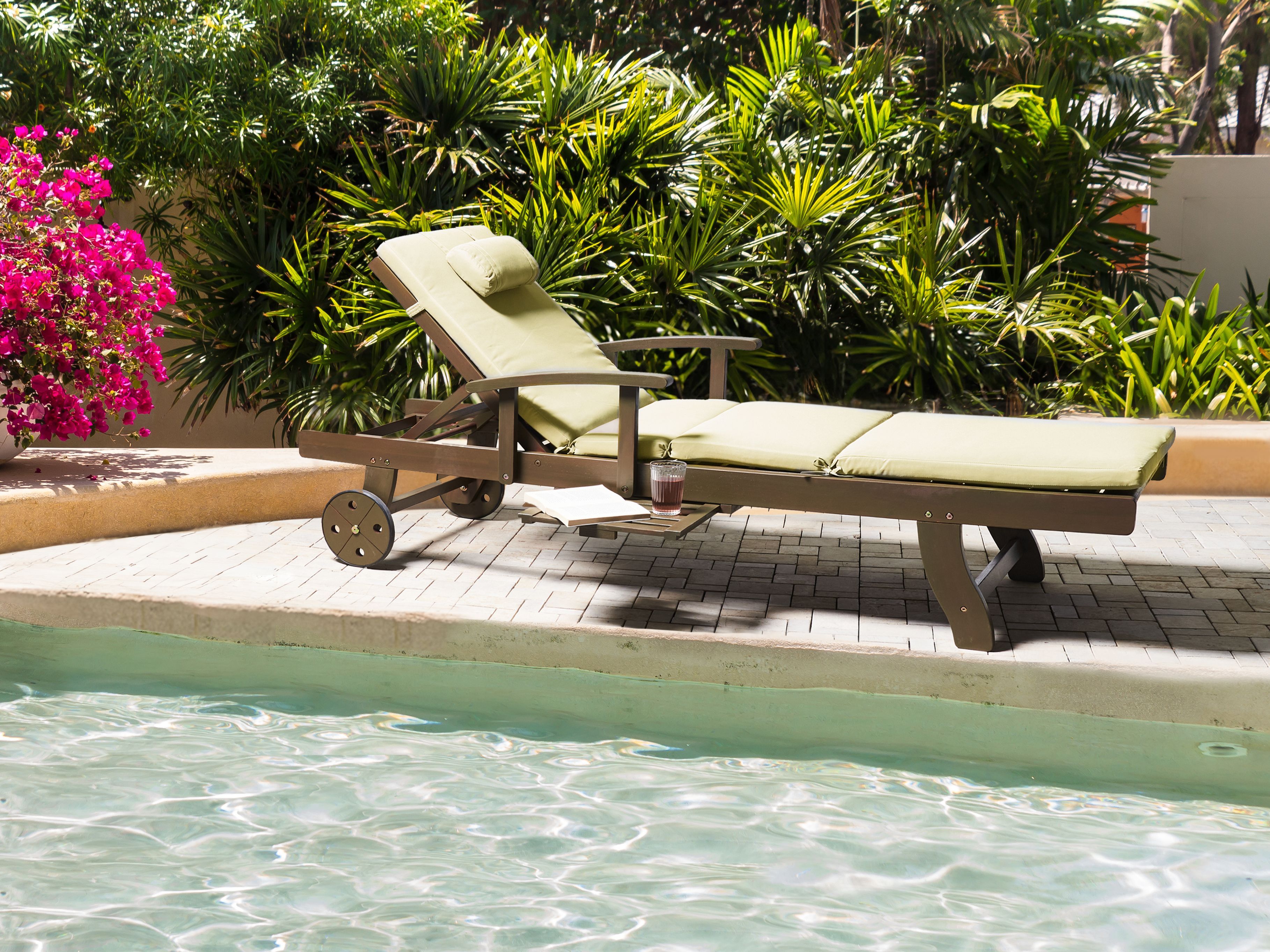 Sun Lounger with Cushion AMANTEA PREMIUM II Acacia Wood Green