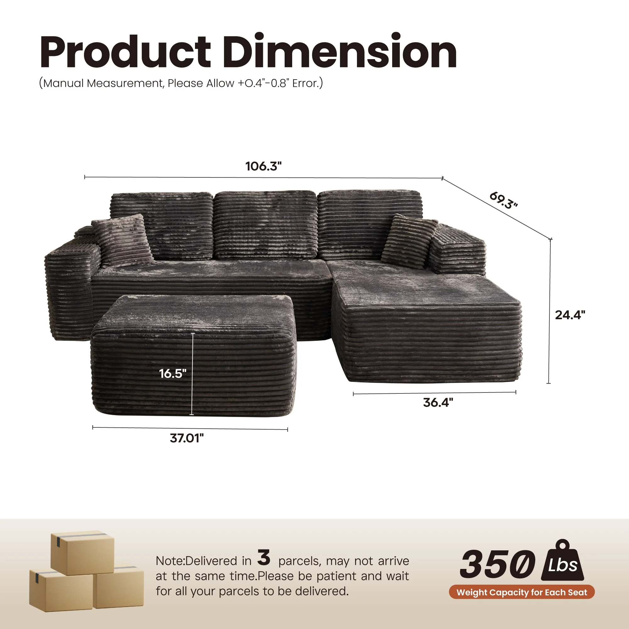 Ovios 106" L-Shaped Sectional Sofa Modern Modular Cloud Couch with Deep Seating Upholstered Sofa for Living Room Bedroom, No Assembly Required, Black(Corduroy) - Image 39