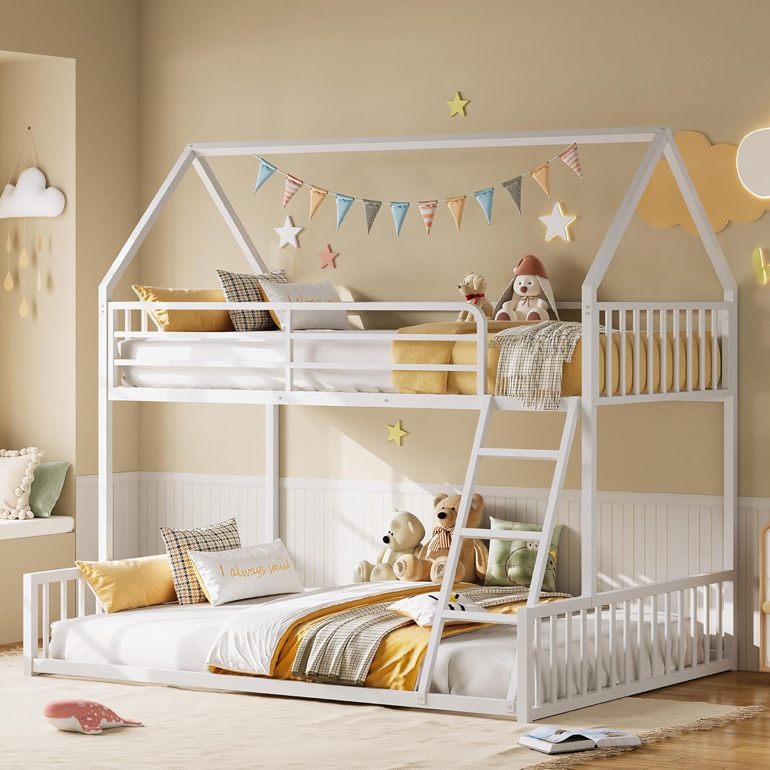 LIKIMIO Bunk Bed Twin Over Full Size, House Bunk Bed Frame with Ladder and Guardrail, House Shaped with Metal Slats Support No Box Spring Needed Space Saving for Bedroom and Dorm, White