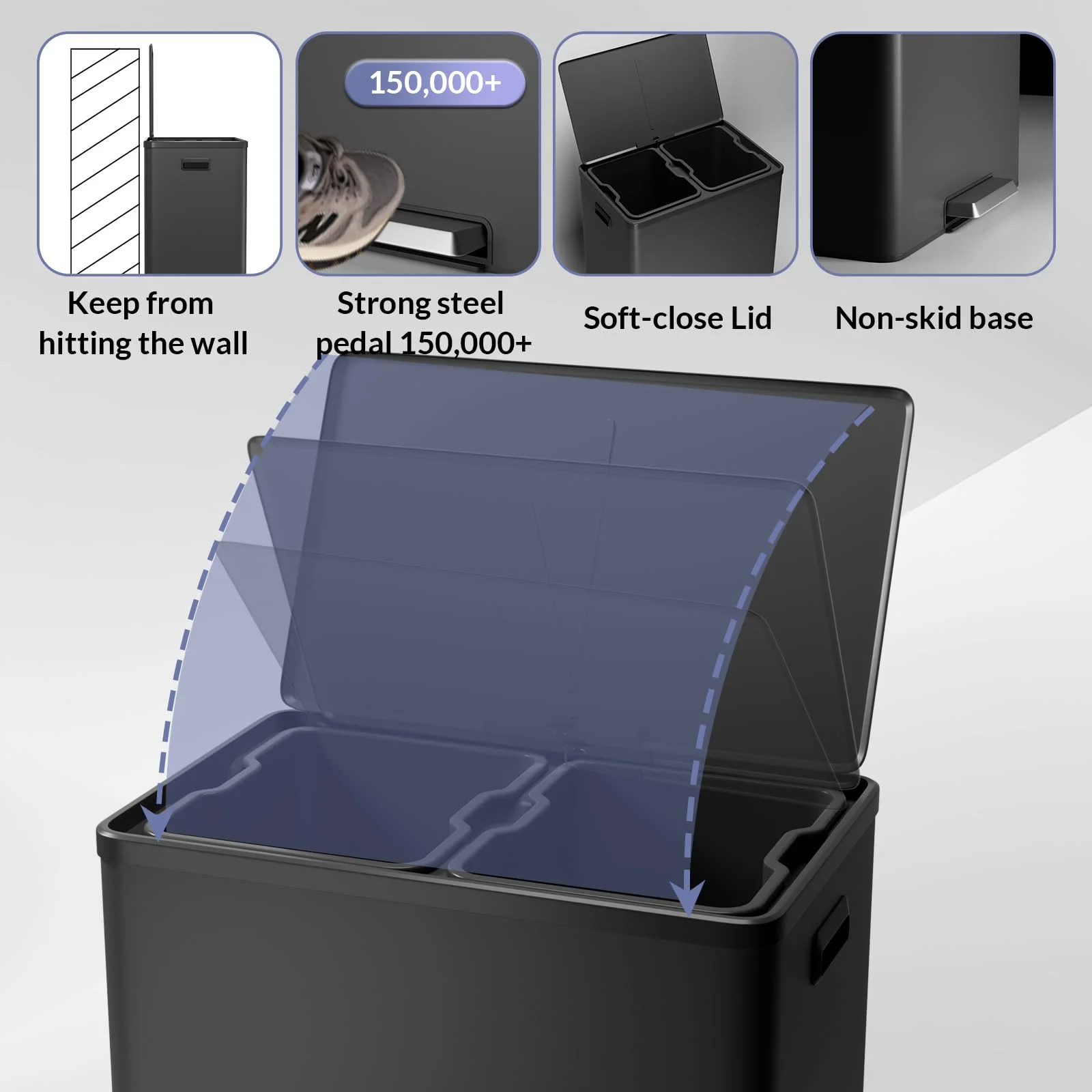 JoanKaren 16 Gallon Stainless Steel Dual Compartment Step Kitchen Trash Can with Lid & 2 Removable Wastebaskets,Kitchen Garbage Can & Recycling Bin,Black - Image 4