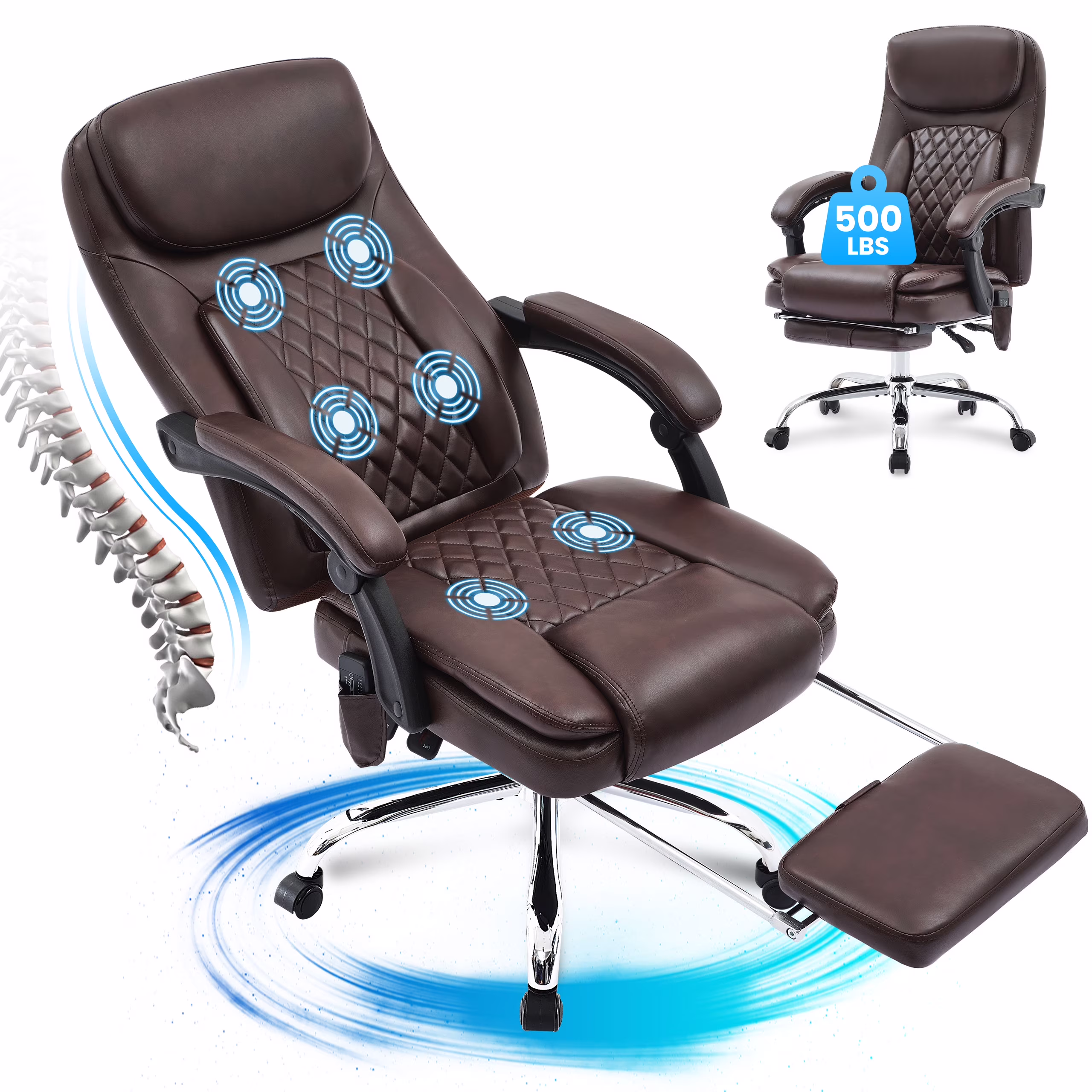 JONPONY Big and Tall Office Chair 500LBS Executive Office Chair Massage and Footrest Ergonomic Computer Desk Chair Reclining High Back Leather Office Chair Lumbar Back Support Swivel Rolling,Black - Image 5