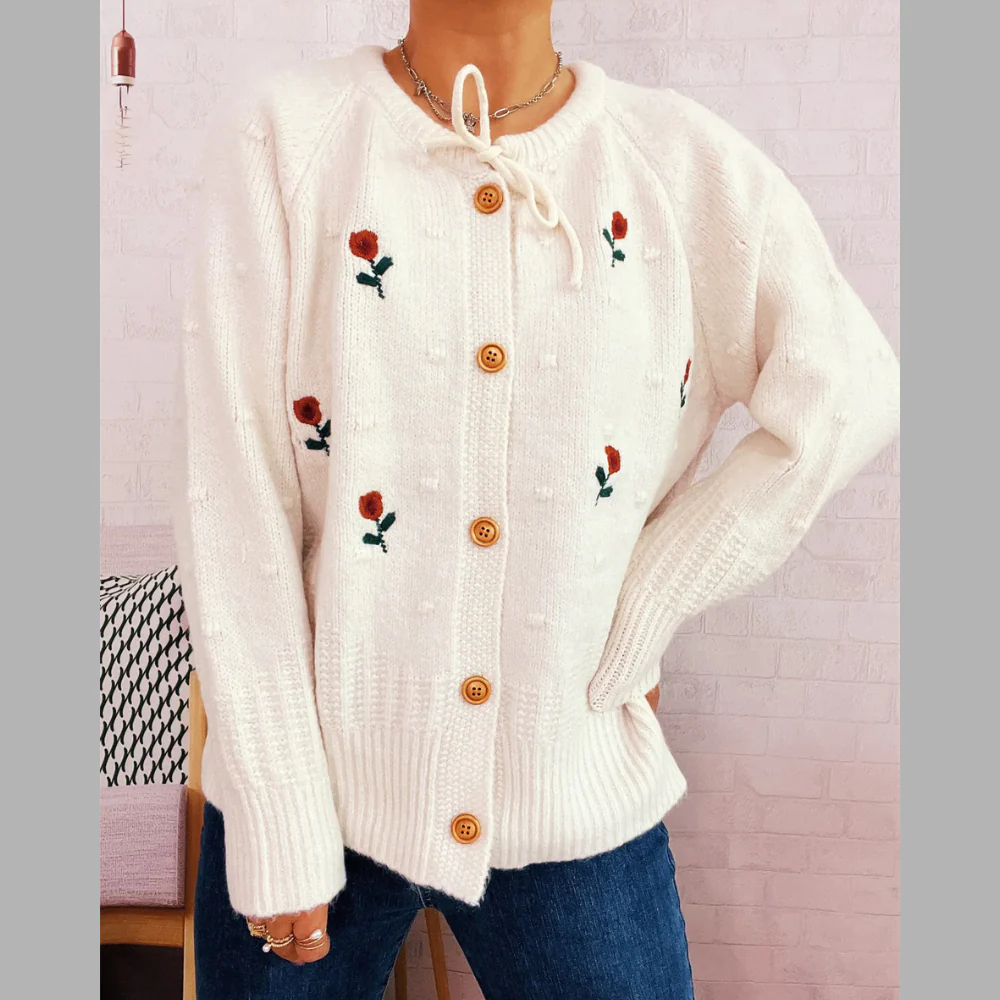 Rose Embroidered Button-Up Cardigan - ZKZOOK