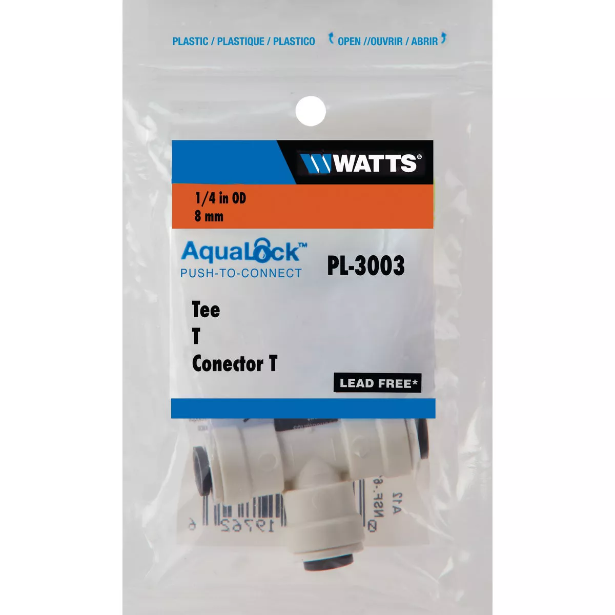 Watts Aqualock 1/4 In. x 1/4 In. x 1/4 In. Push-to-Connect Plastic Tee