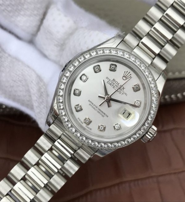 Replica Rolex DateJust 28mm Diamonds Bezel White Dial Diamonds Markers SS Bracelet A2236 - Elite Watch Atelier