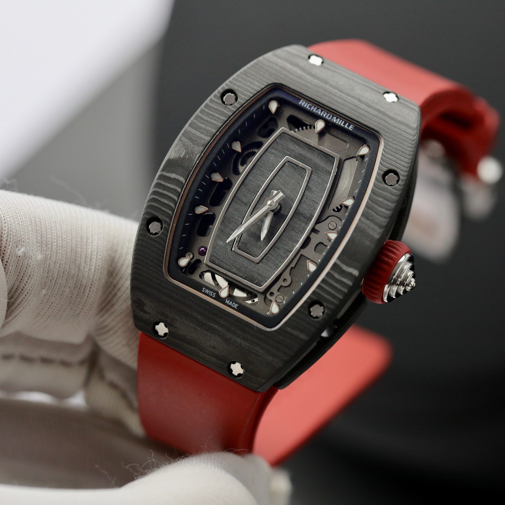 Richard Mille Replica 1:1 Watch RM07 Carbon Black Red Rubber Strap 36mm - Top club