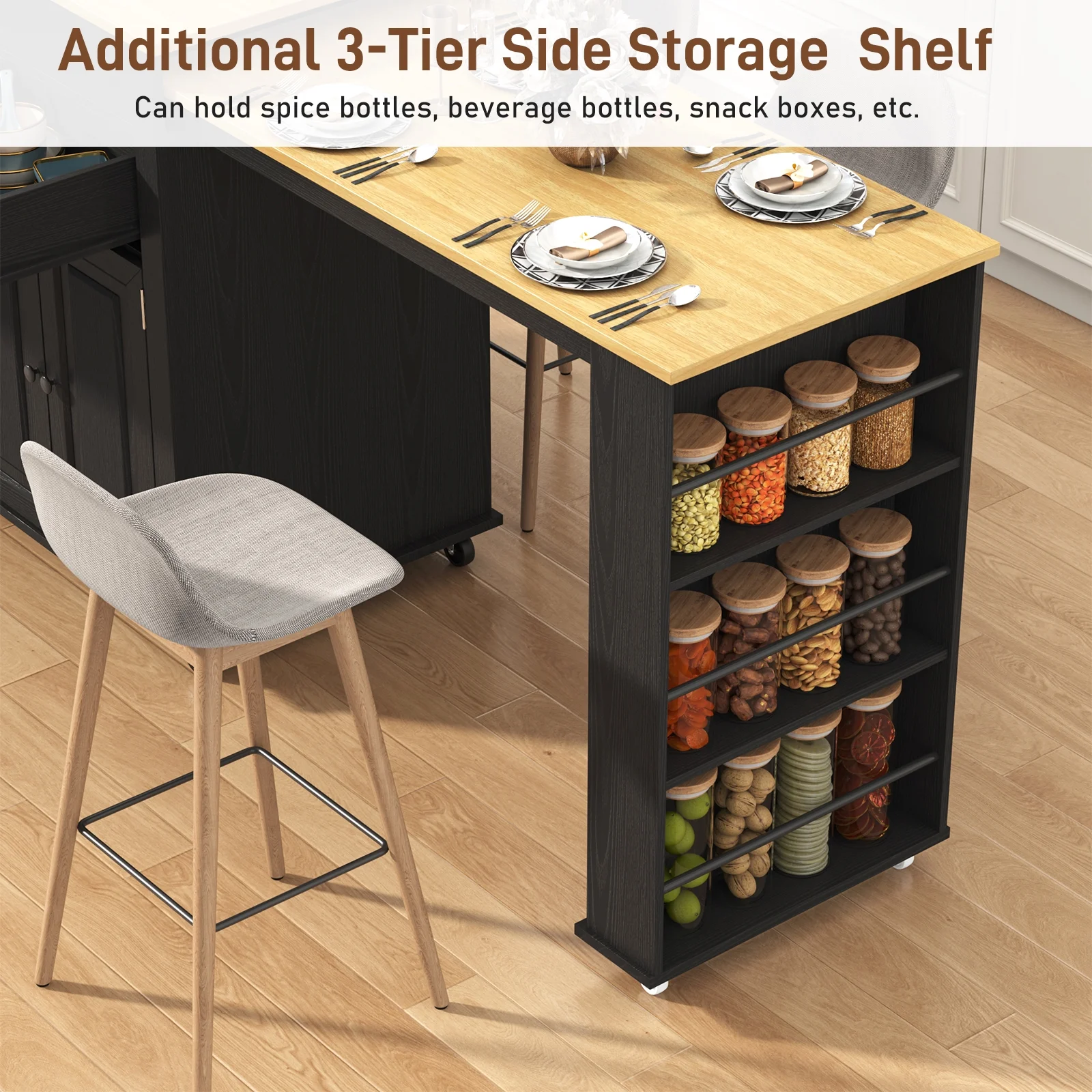 ANPOO Large Kitchen Island with Extendable Dining Table and Power Outlet, Rolling Kitchen Island Cart on Wheels with 2 Storage Cabinets & 2 Drawers & 3 Spice Racks, Island Table for Kitchen - Image 5