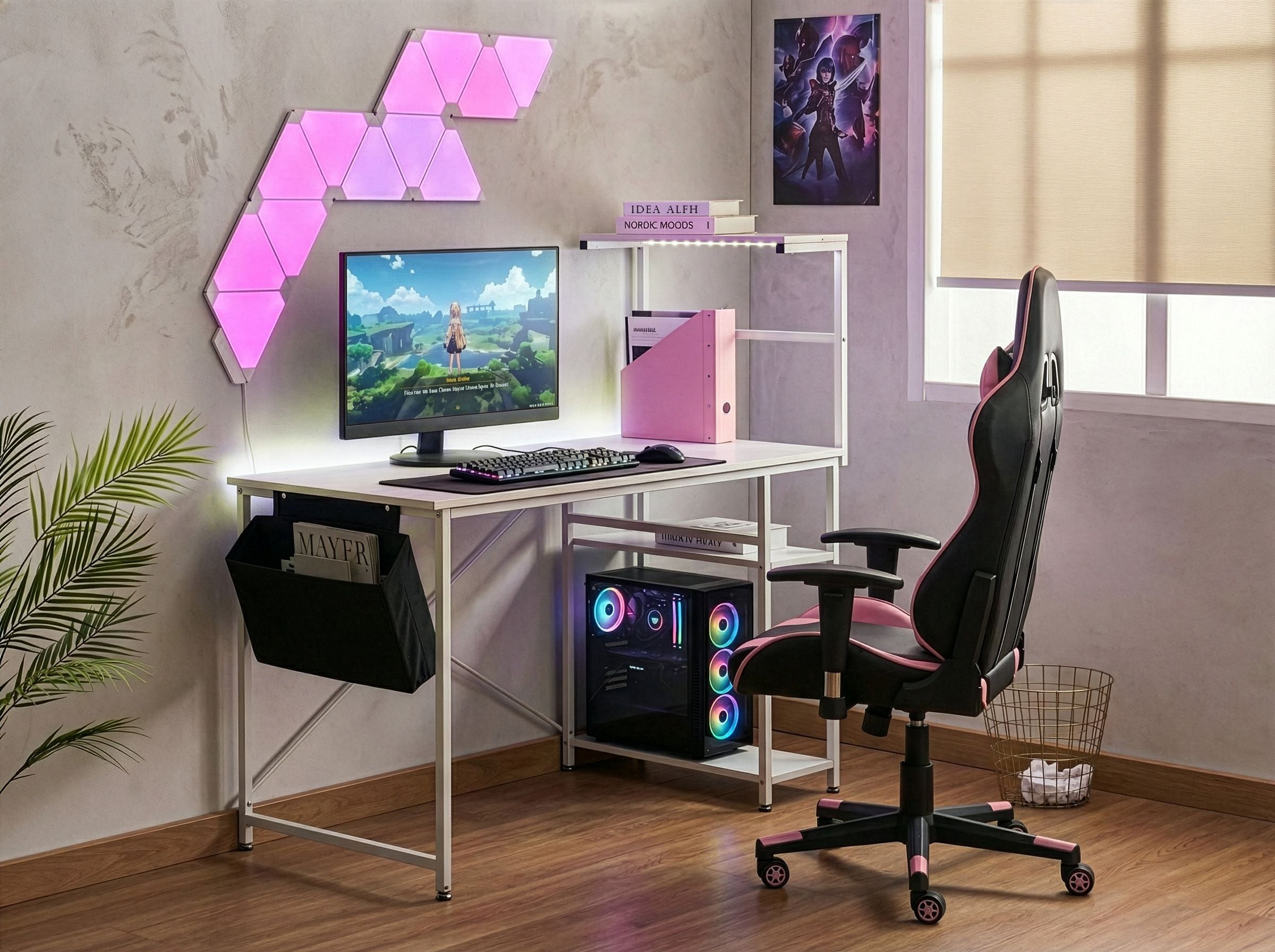 Gaming Desk ARAMINGO White 120 cm 60 cm LED with Storage