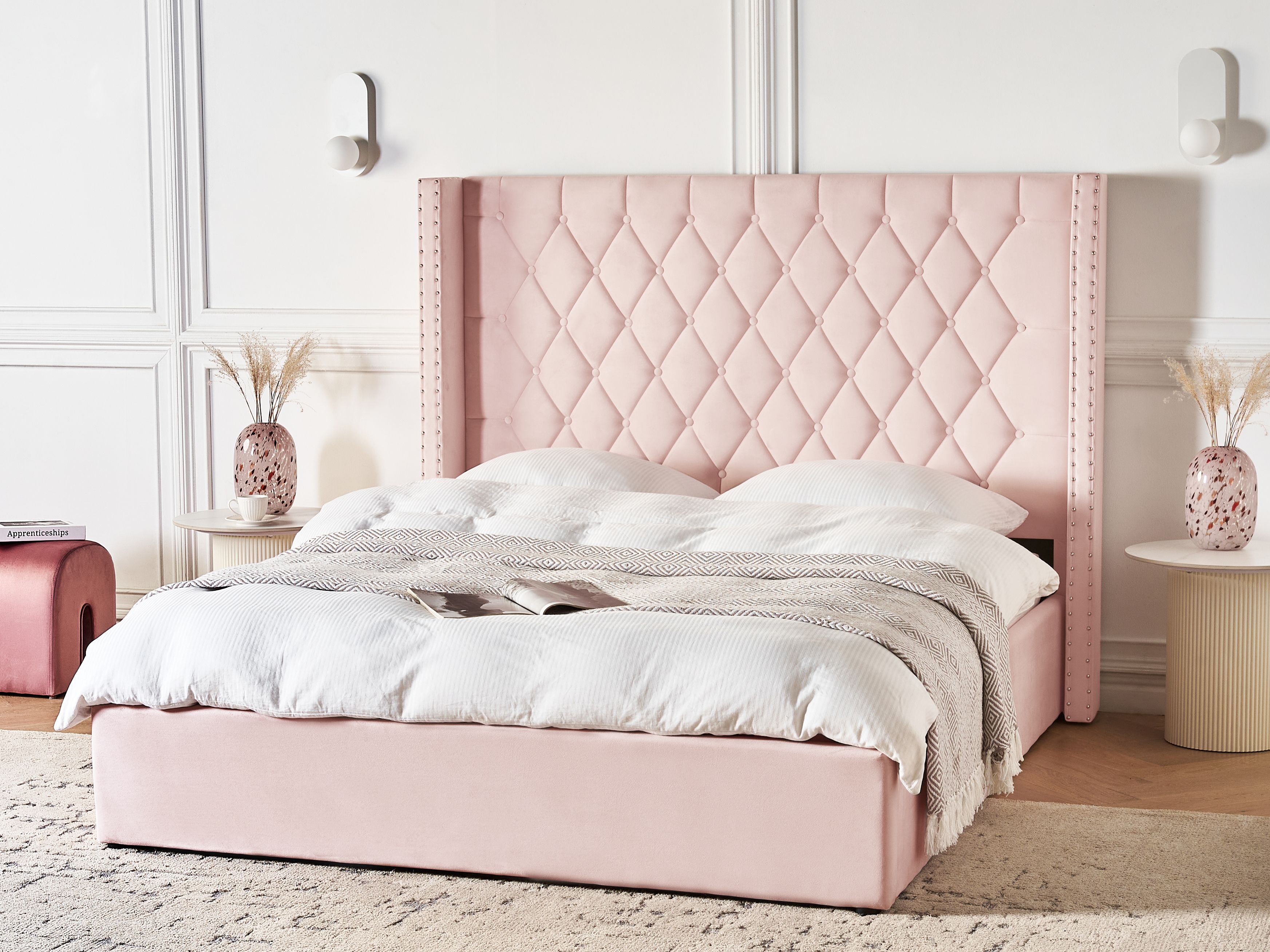 Ottoman Bed Velvet LUBBON 160 x 200 cm (EU King Size) Pastel Pink Pink