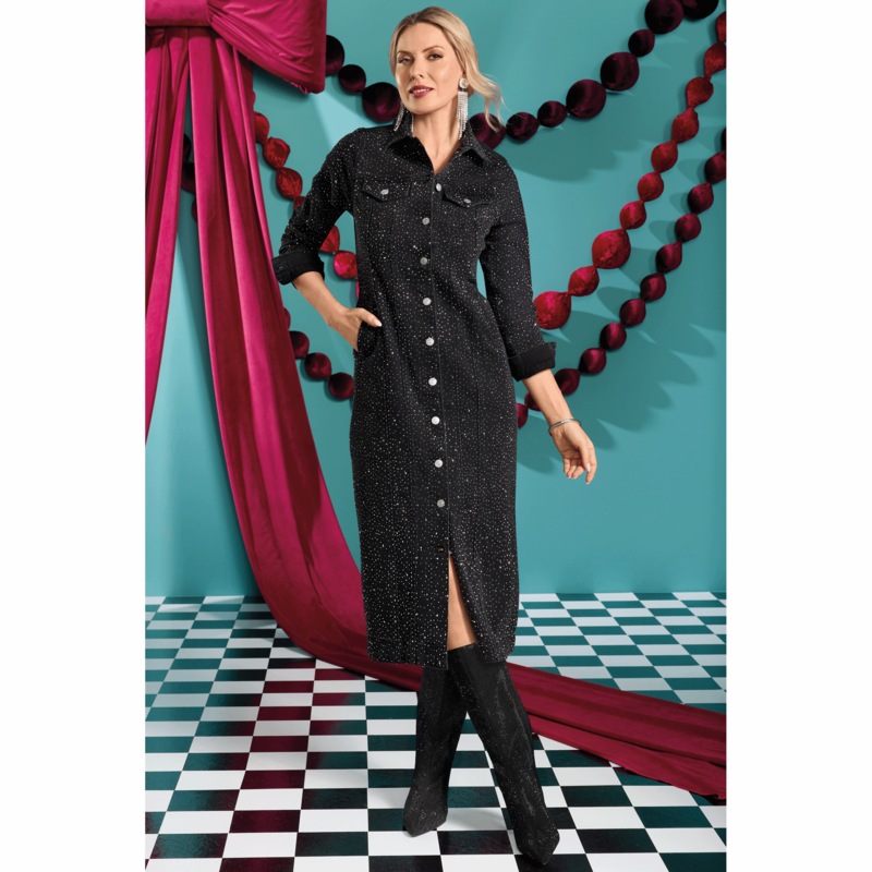 Verline Button-Down Stretch-Denim Dress with Rhinestone Accents - MIDNIGHT VELVET CATALOG