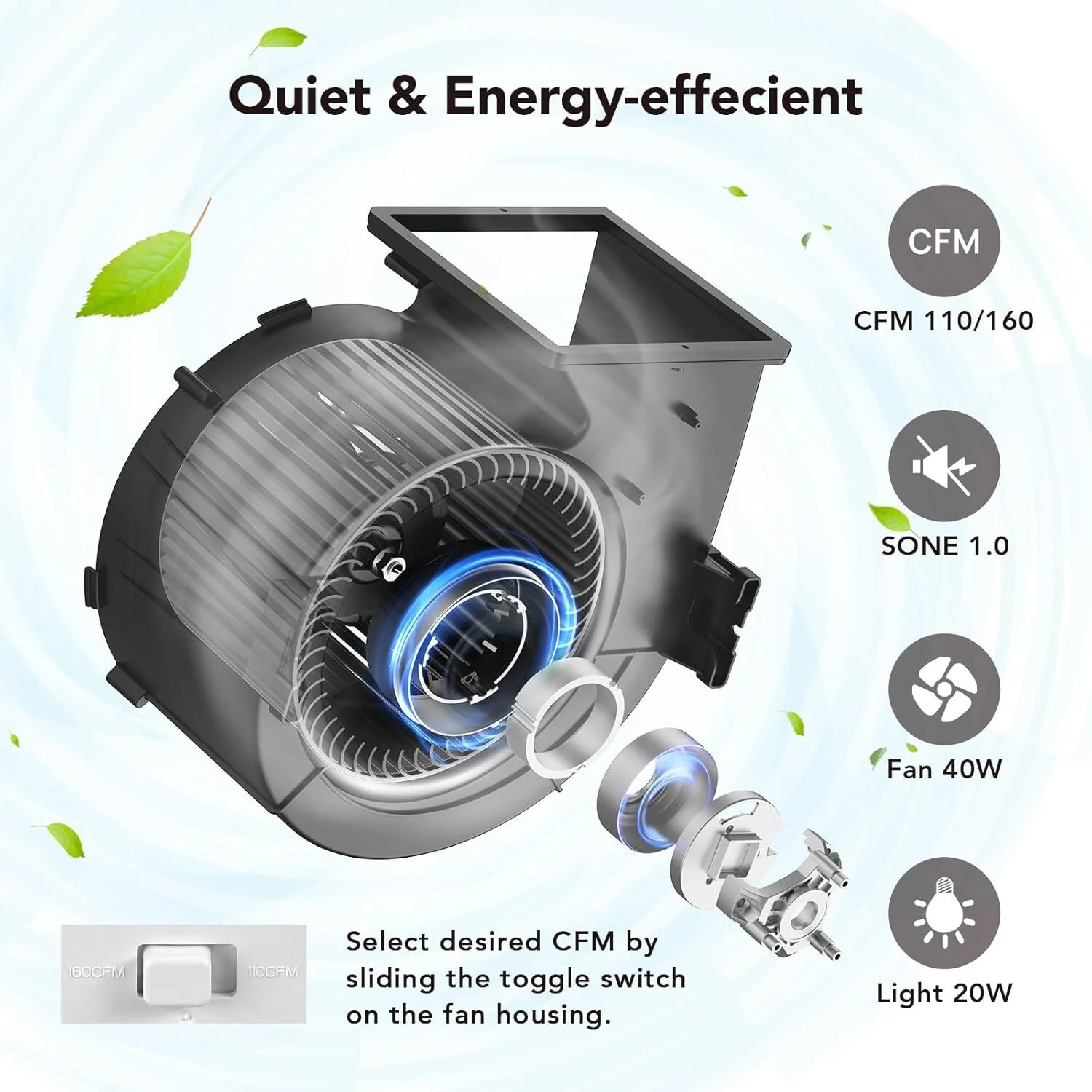 OREiN Bathroom Fan with Bluetooth Speaker, 110/160 CFM 1.0 Sones Bathroom Exhaust Fan with Light, 40W Shower Vent Fan with Light & Remote, 1500lm LED Light 2700K/4000K/6500K & Nightlight, Music Sync - Image 4