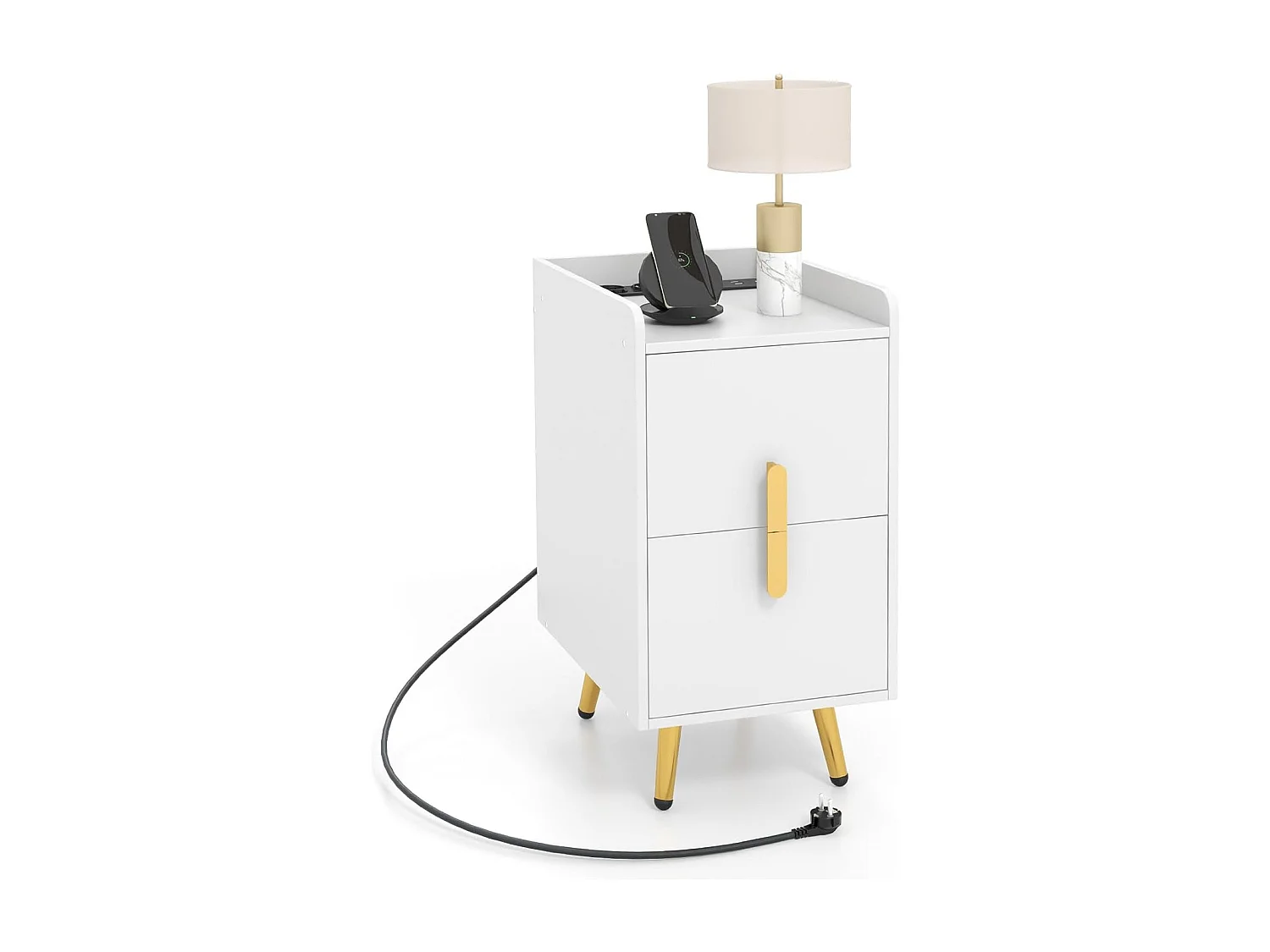 Table de Chevet Intelligente 2 Tiroirs Coulissants, 1 Passe-câble, 2 Ports USB & 3 Prises, Bords Surélevés, Table de Nuit Design, 40 x 32 x 60 cm (Blanc)