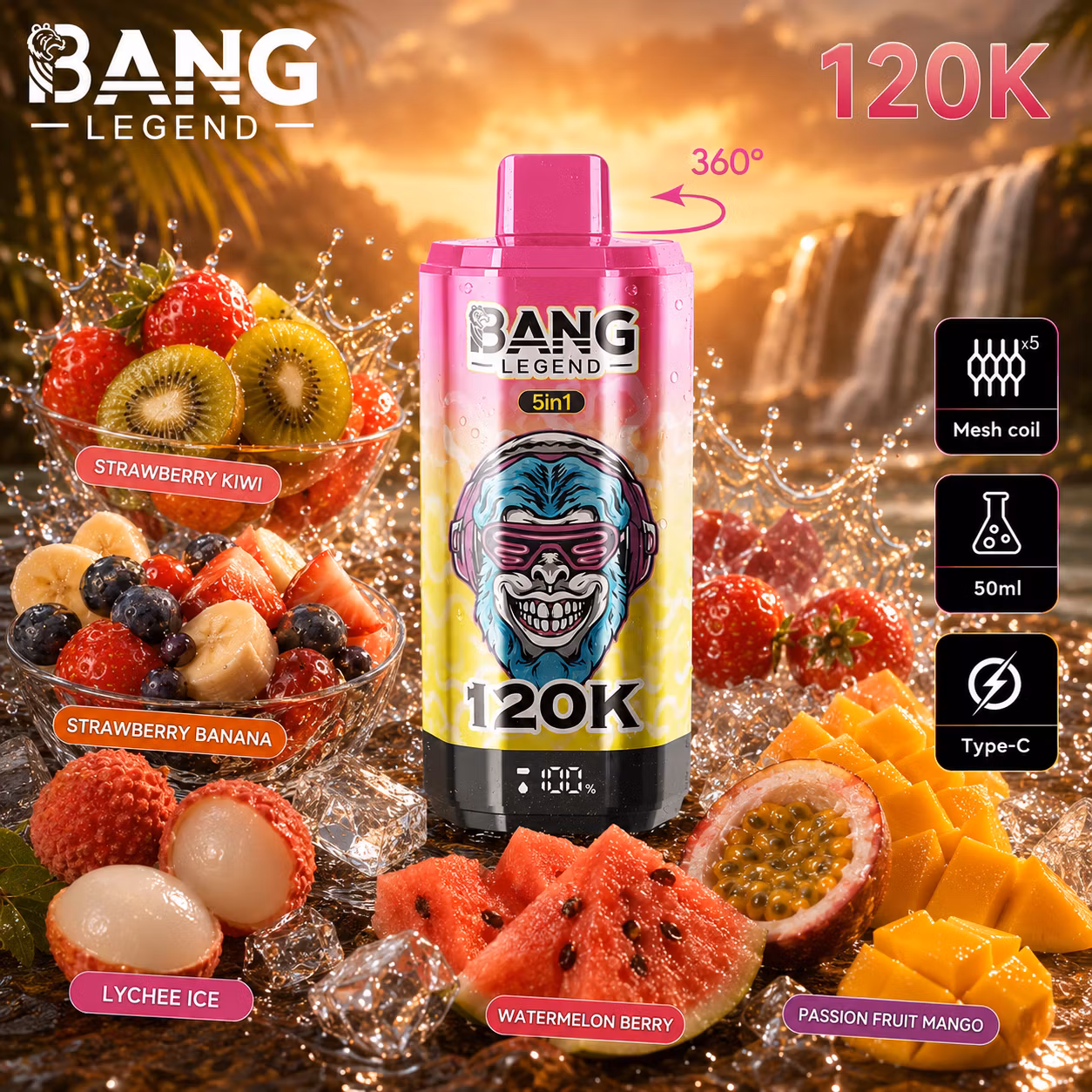 BANG LEGEND 120 000 puffów 5w1 – Strawberry Kiwi, Strawberry Banana, Lychee Ice, Watermelon Berry, Passion Fruit Mango