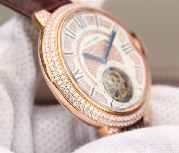 Replica Cartier Ballon Bleu de Cartier Tourbillon RG Full Paved Diamonds Leather Strap - Top club