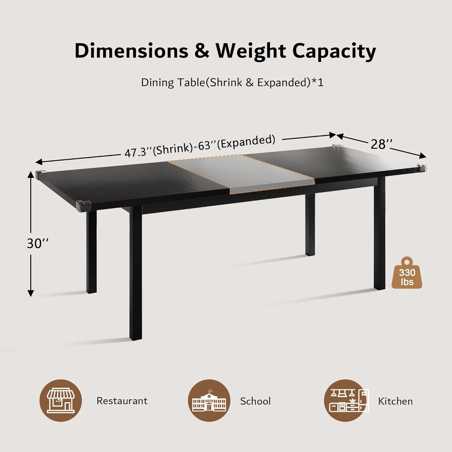 iPormis 63" Extendable Dining Table for 4-8, Square Wooden Dining Room Table with Metal Base, Modern Extendable Table for Small Kitchens, Dining Office Areas, Black - Image 2