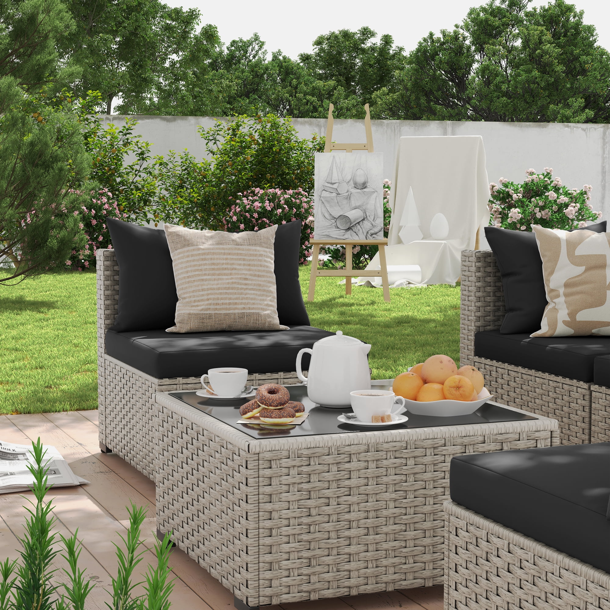 7 Pieces Patio Conversation Set, Outdoor Sectional PE Rattan Wicker Furniture Seat,Dark Gray - Image 54