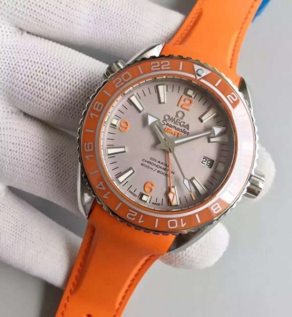Replica Omega Planet Ocean SS GMT Gray Dial Orange Bezel Rubber Strap A8615 - Elite Watch Atelier
