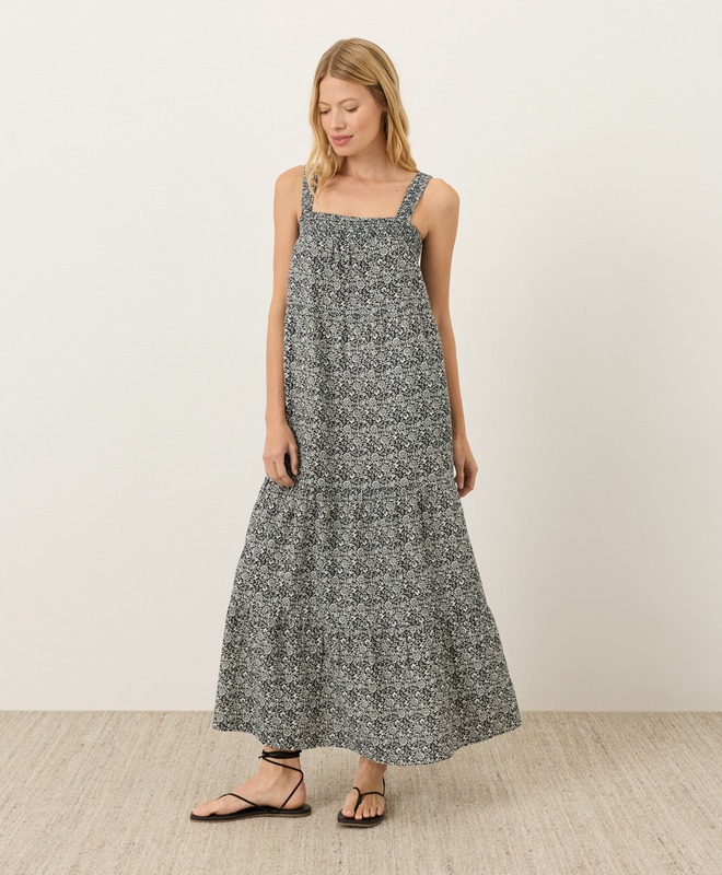 Organic Coastal Double Gauze Strappy Tiered Maxi Dress - Bohemian Dreams Black