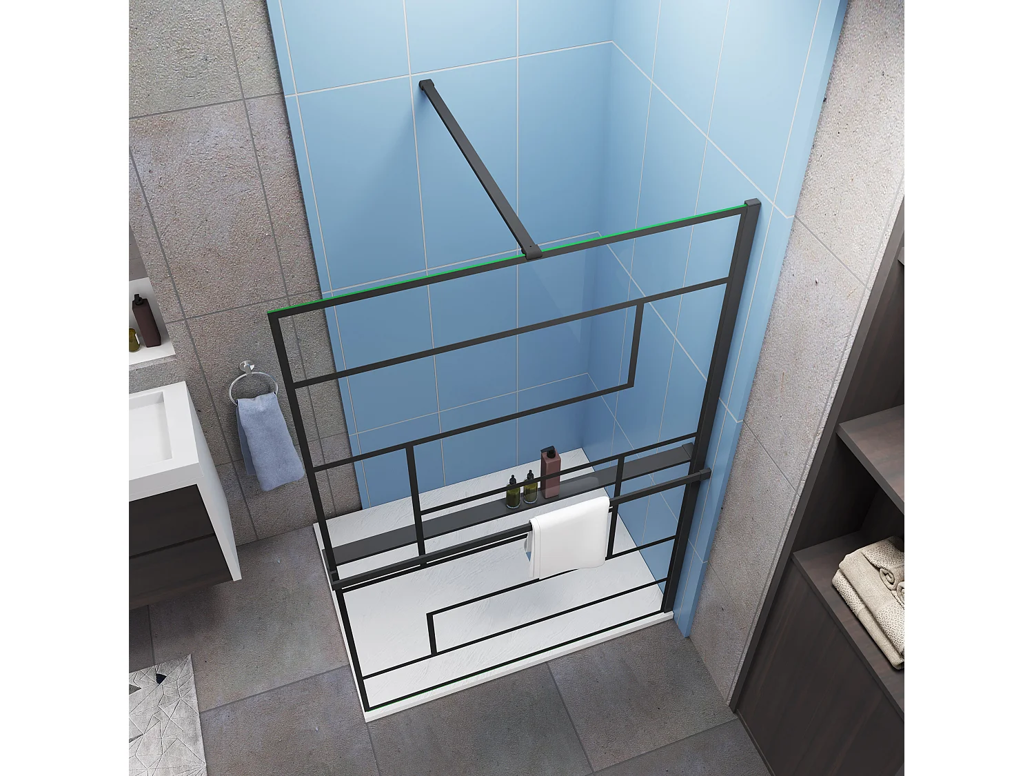 Paroi de douche fixe Noir 140 x 200cm - 8mm verre anticalcaire Style moderne + Étagère de Douche 140cm + barre de fixation 140cm