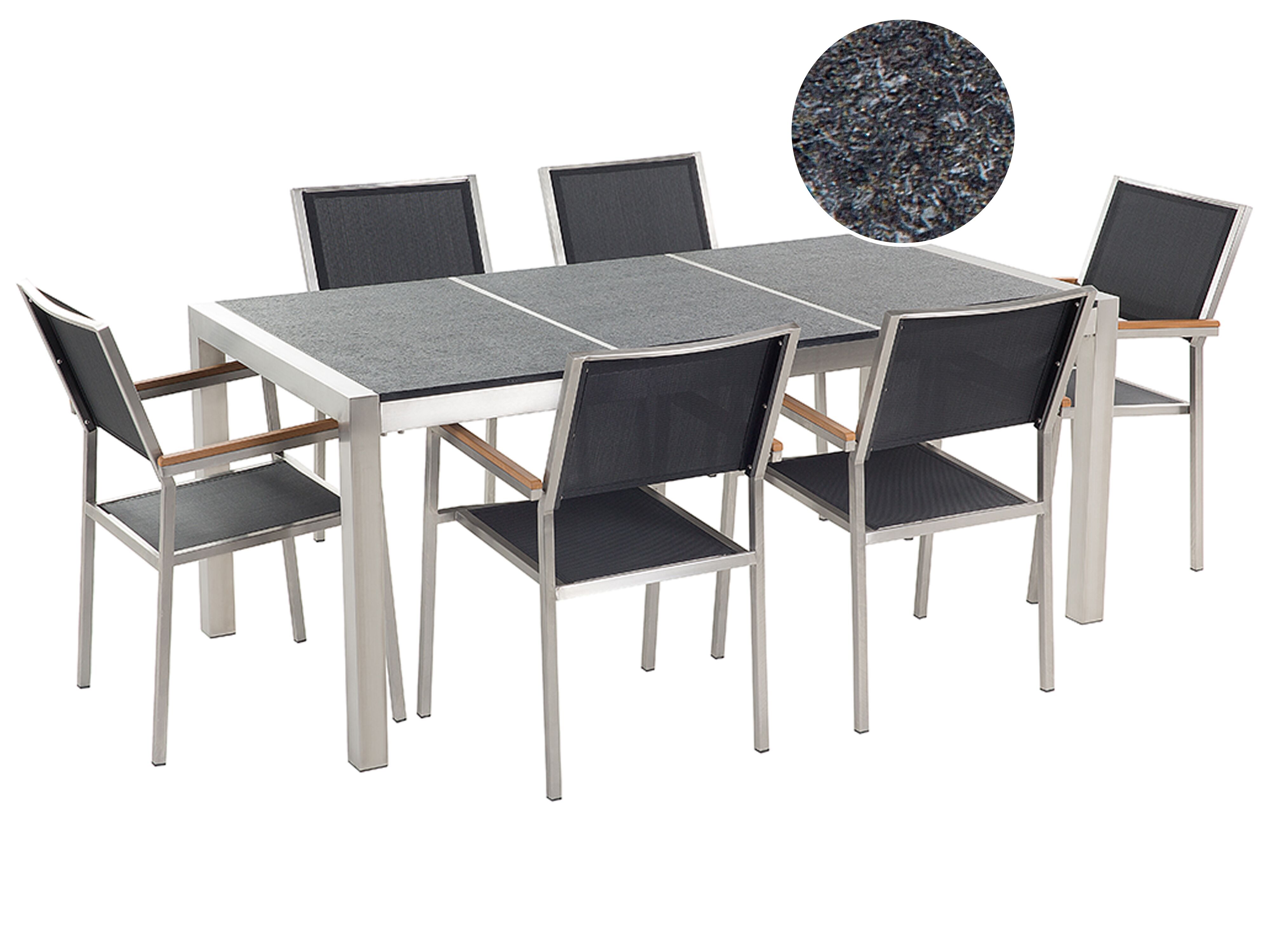 Garden Dining Set 6 Seater GROSSETO Triple Plate Granite Flamed Black