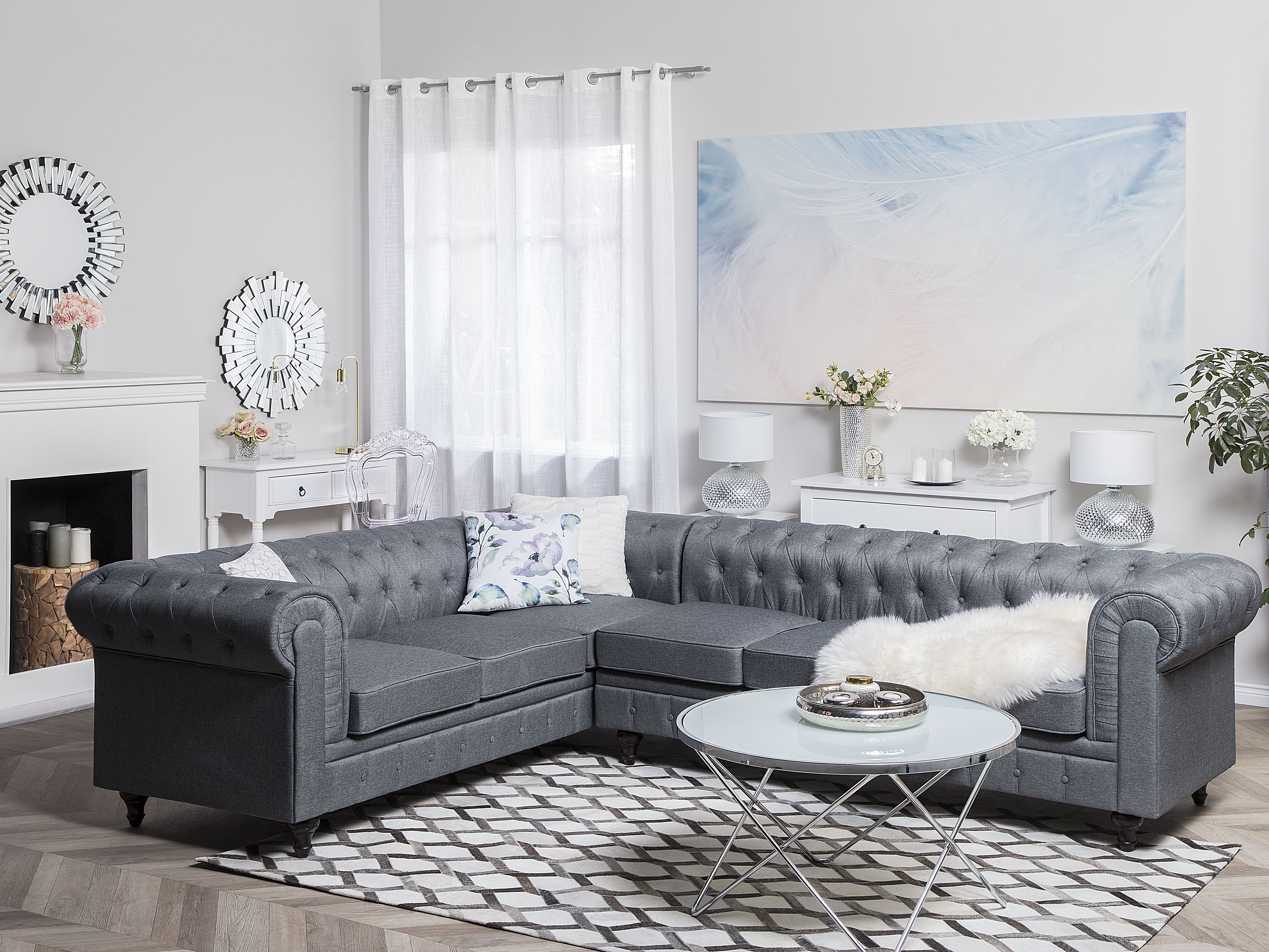 Corner Sofa 6 Seater CHESTERFIELD Fabric Grey Right Hand