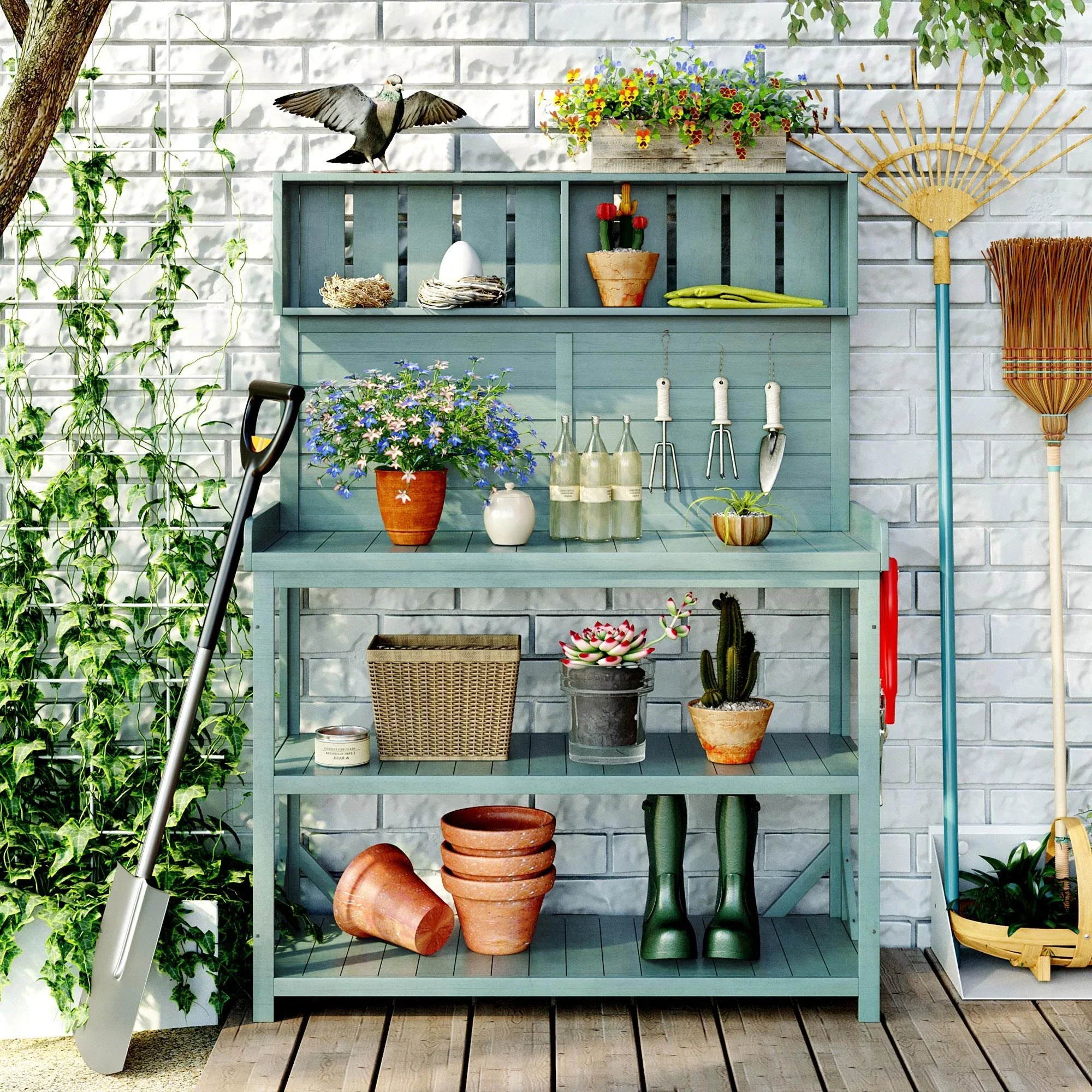 Wooden Outdoor Potting Bench Table With 4 Storage Shelves, Side Hook And Green Finish - Image 2 Wooden Outdoor Potting Bench Table With 4 Storage Shelves, Side Hook And Green Finish - Image 2
