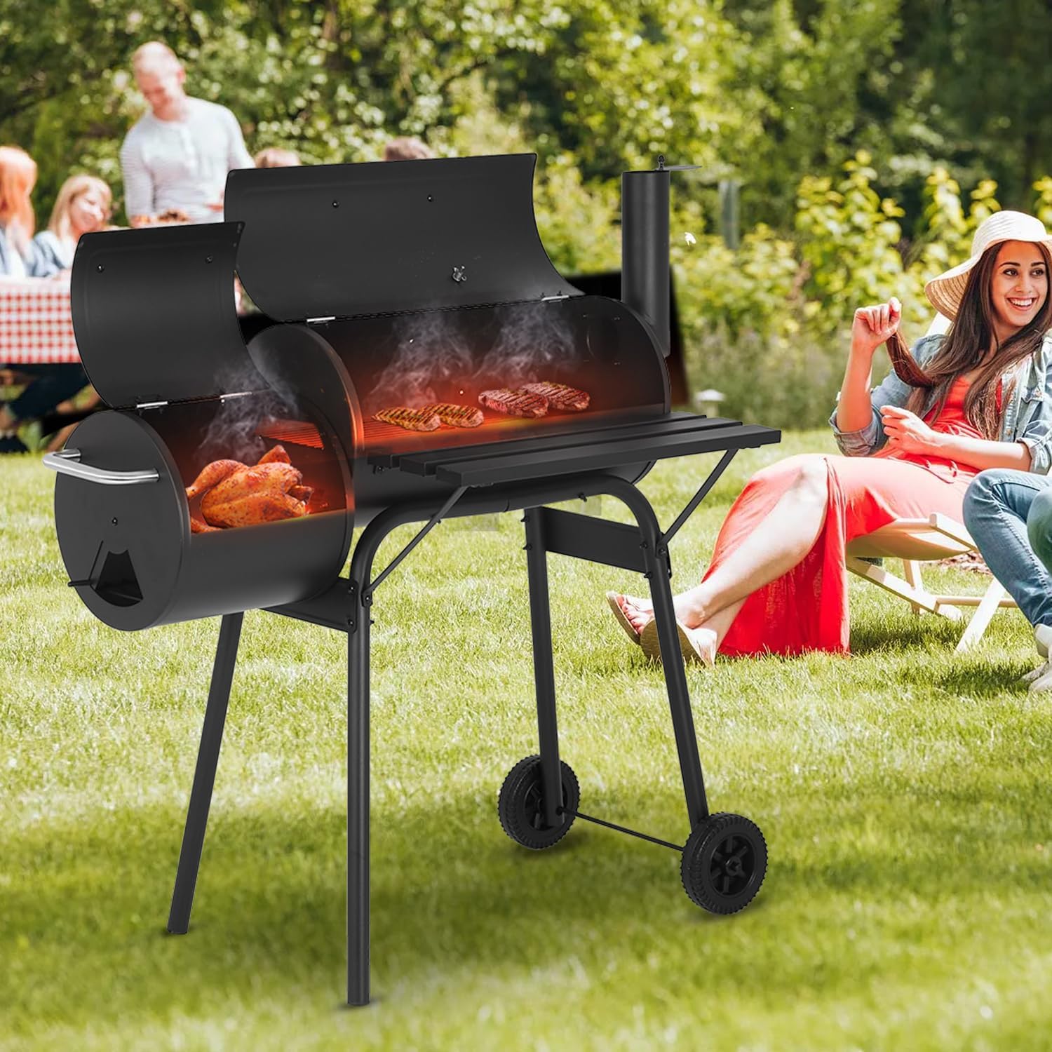 FDW Charcoal Grills 43-inch Outdoor Grill,Multiple People BBQ Grill with Double Grill Mesh Design,Smoker Grill for Camping,Outdoor Backyard,Patio and Parties,Black