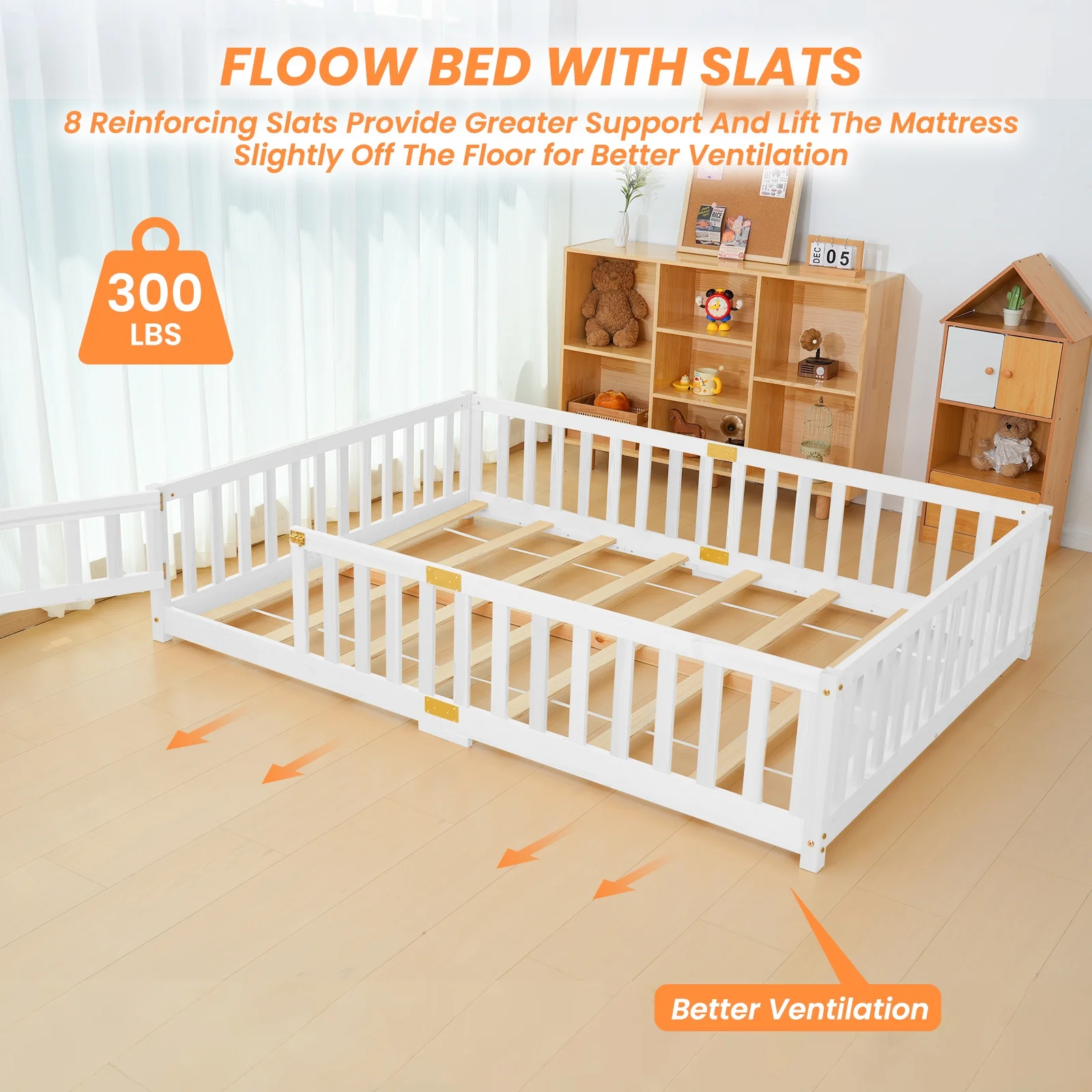 Slsy Twin Size Toddler Floor Bed, Solid Wood Montessori Bed Frame with Fence & Door Montessori Floor Bed Crib with Safety Guardrails for Girls and Boys - Image 13
