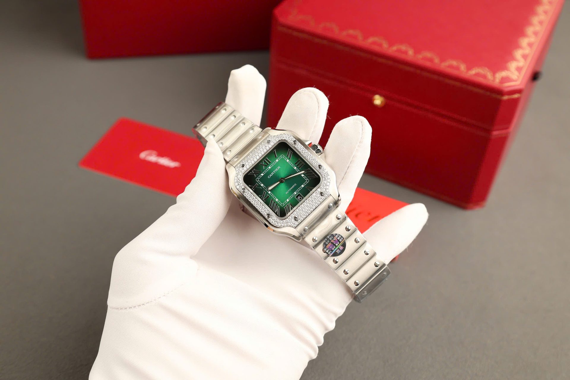Cartier Santos Green Copies Watch Custom Diamonds Moissanite BV Factory 39.8mm - Top club