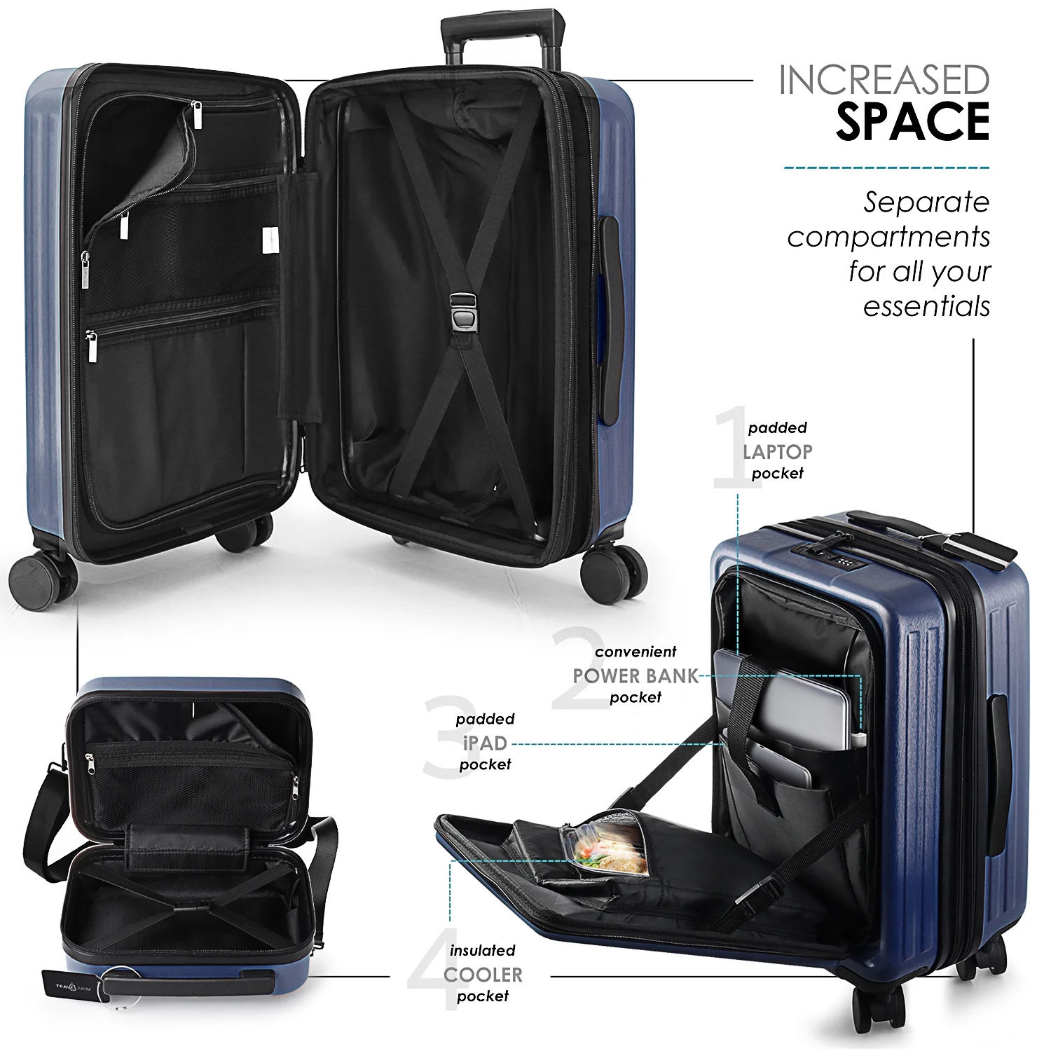 Virtu 4 Piece Hardshell Exapandable Luggage Set, Spinner Luggage Suitcase Set, Navy Blue - Image 11