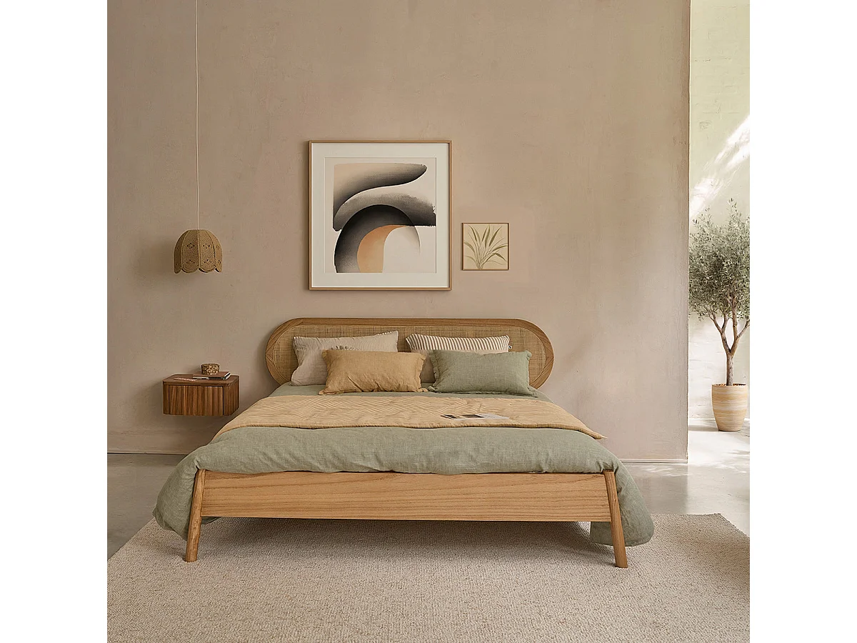 Lit en bois de mindi et cannage 180 cm avec sommier
