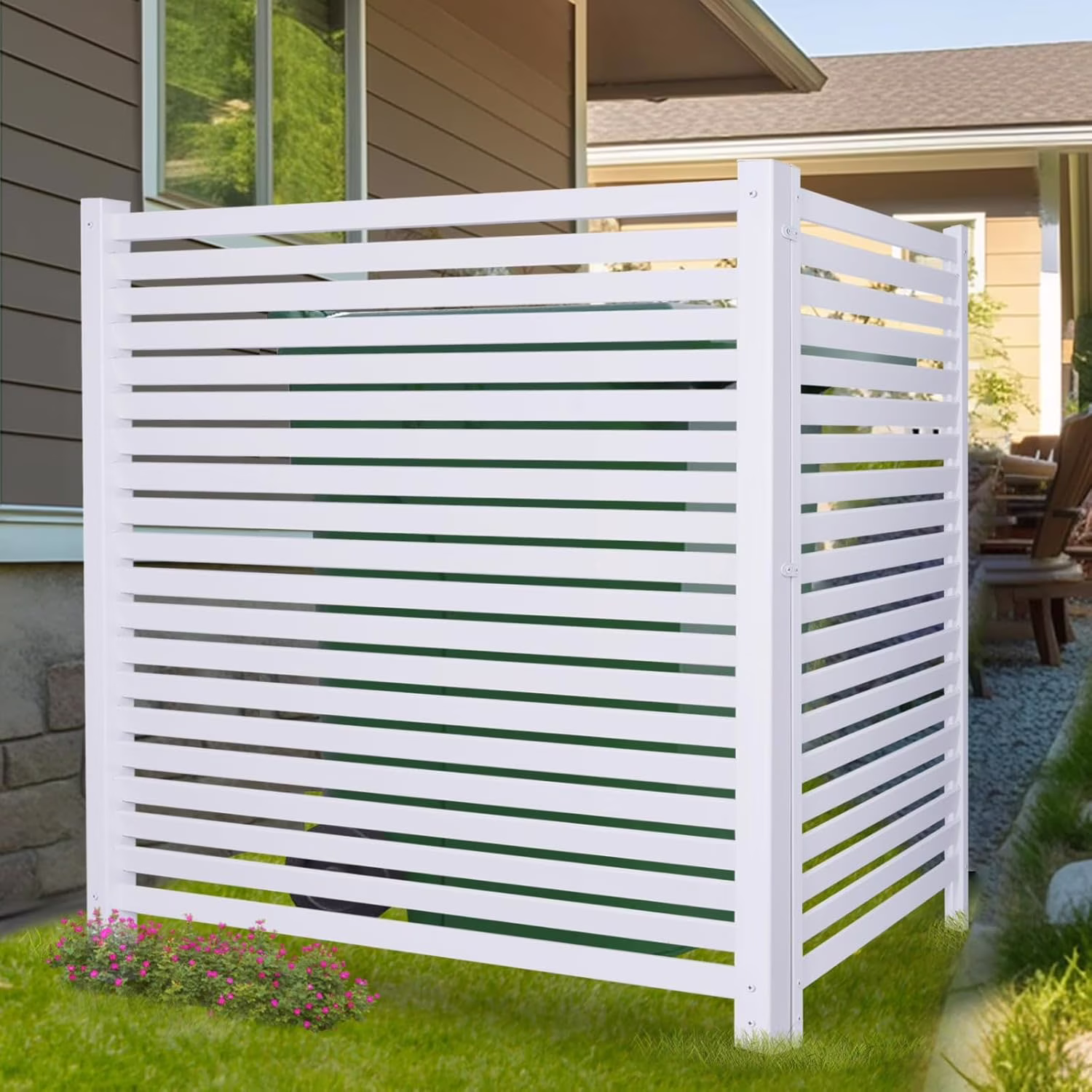 36"W X 45"H Outdoor Privacy Screen, Vinyl Air Conditioner Fence with Metal Stake, No Dig Trash Can Enclosure for Outside- 2 PVC Panels, White, Vertical - Image 7
