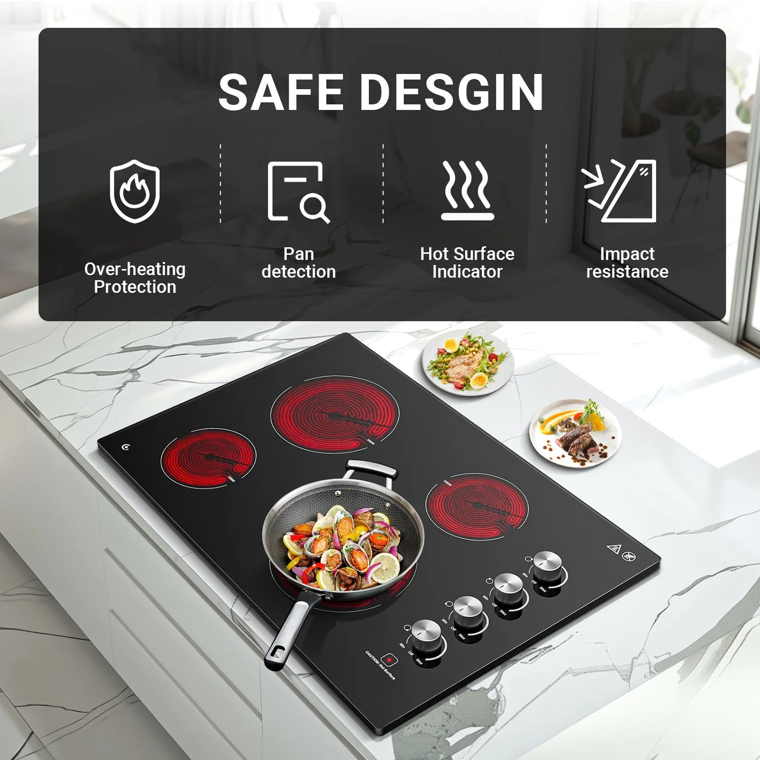 30 Inch Electric Cooktop 4 Burners, Sumaki Built-in Electric Burner with 4 Burners, 240V Power Control by Knob, 7000W Electric Stove with Hot Surface Indicator