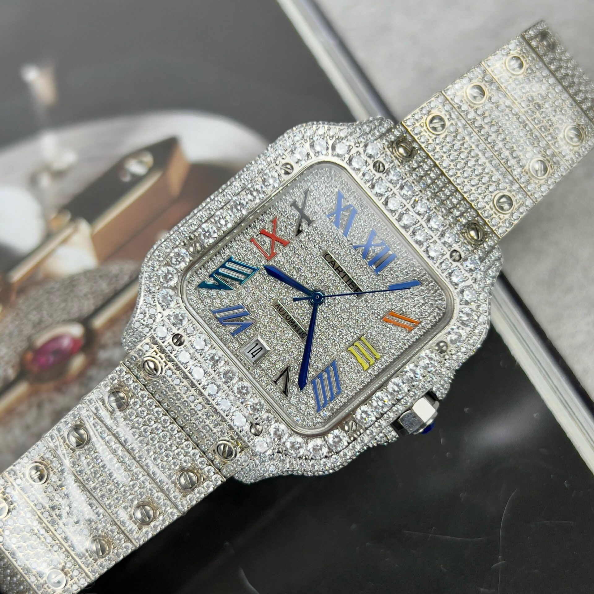 Cartier Santos Best Replica Watch With Full Stone 39.8mm - Elite Watch Atelier