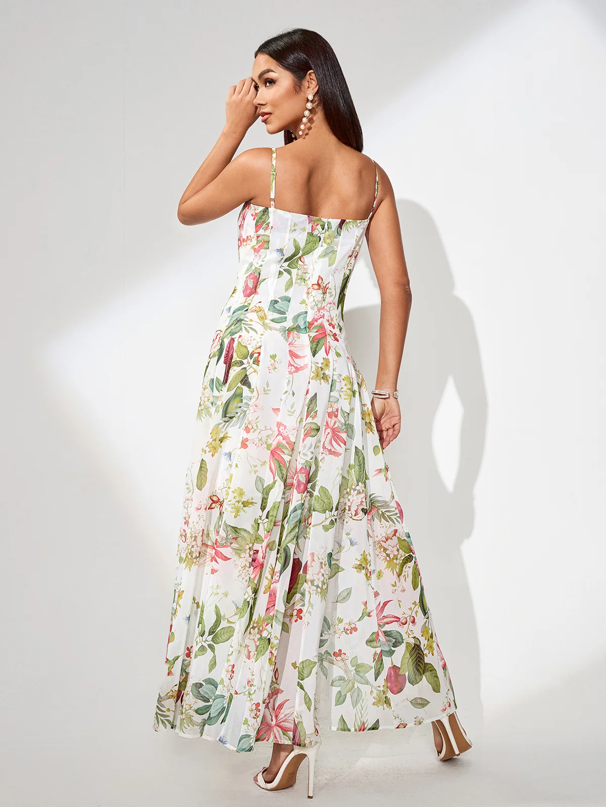 Floral Print Pleated Strap Maxi Dress