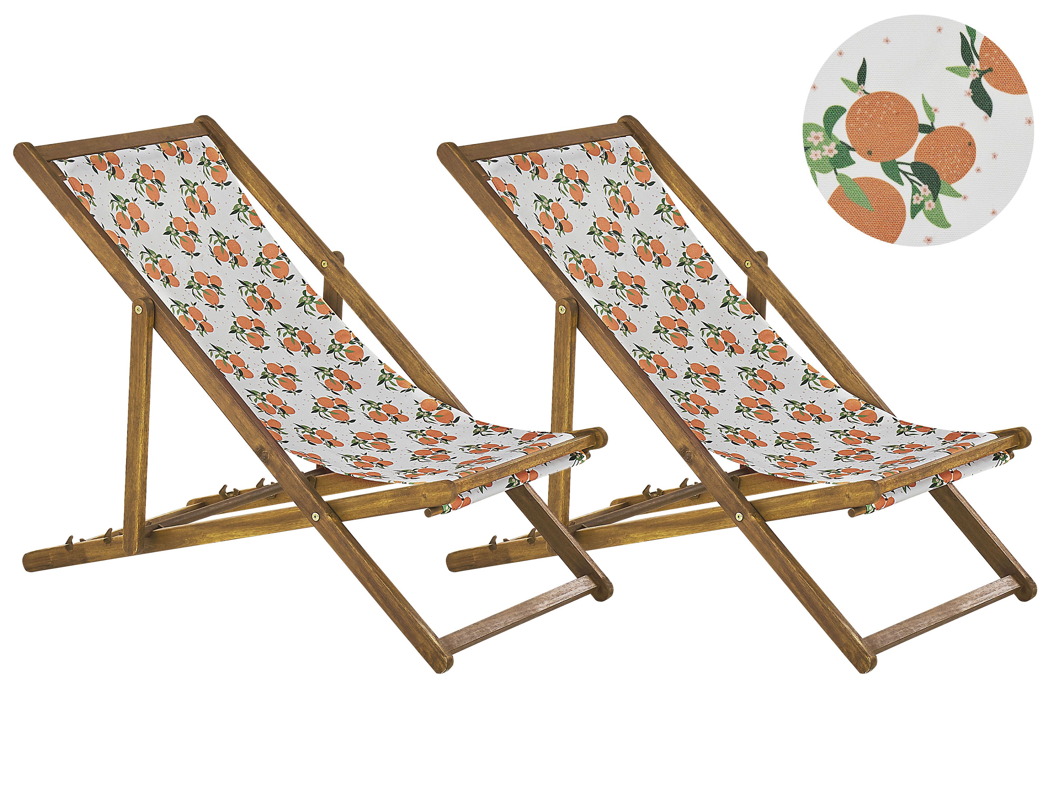 Set of 2 Folding Deck Chairs ANZIO with Replacement Fabrics Floral Motif Acacia Wood Light Brown