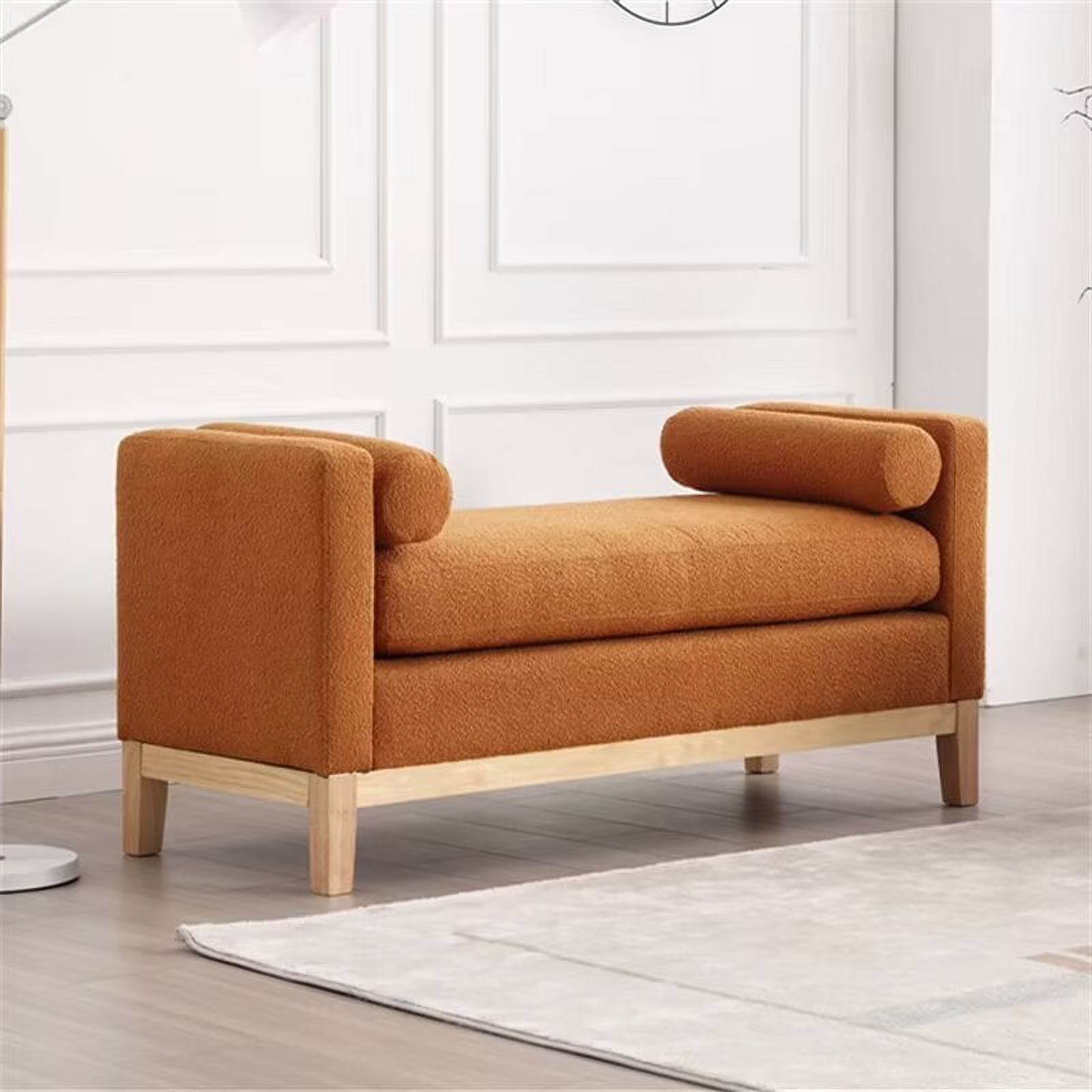End of Bed Bench, 53.5" Boucle Fabric Upholstered Entryway Bench with Wood Legs & Bolster Pillows, Rolled Arm Cushioned Ottoman Foot Rest Long Stool Window Extra Seating for Bedroom, Ivory - Image 11
