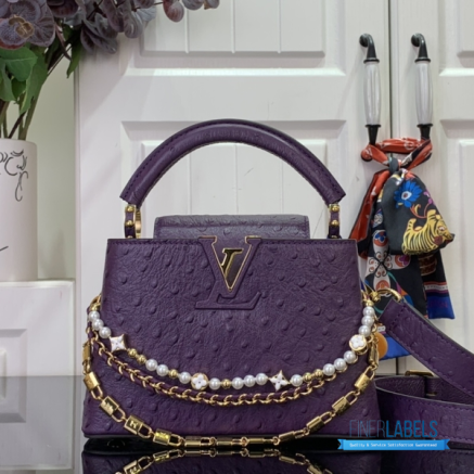 Purple Ostrich Leather Mini Handbag with Pearl Chain Detail1:1High-quality replica