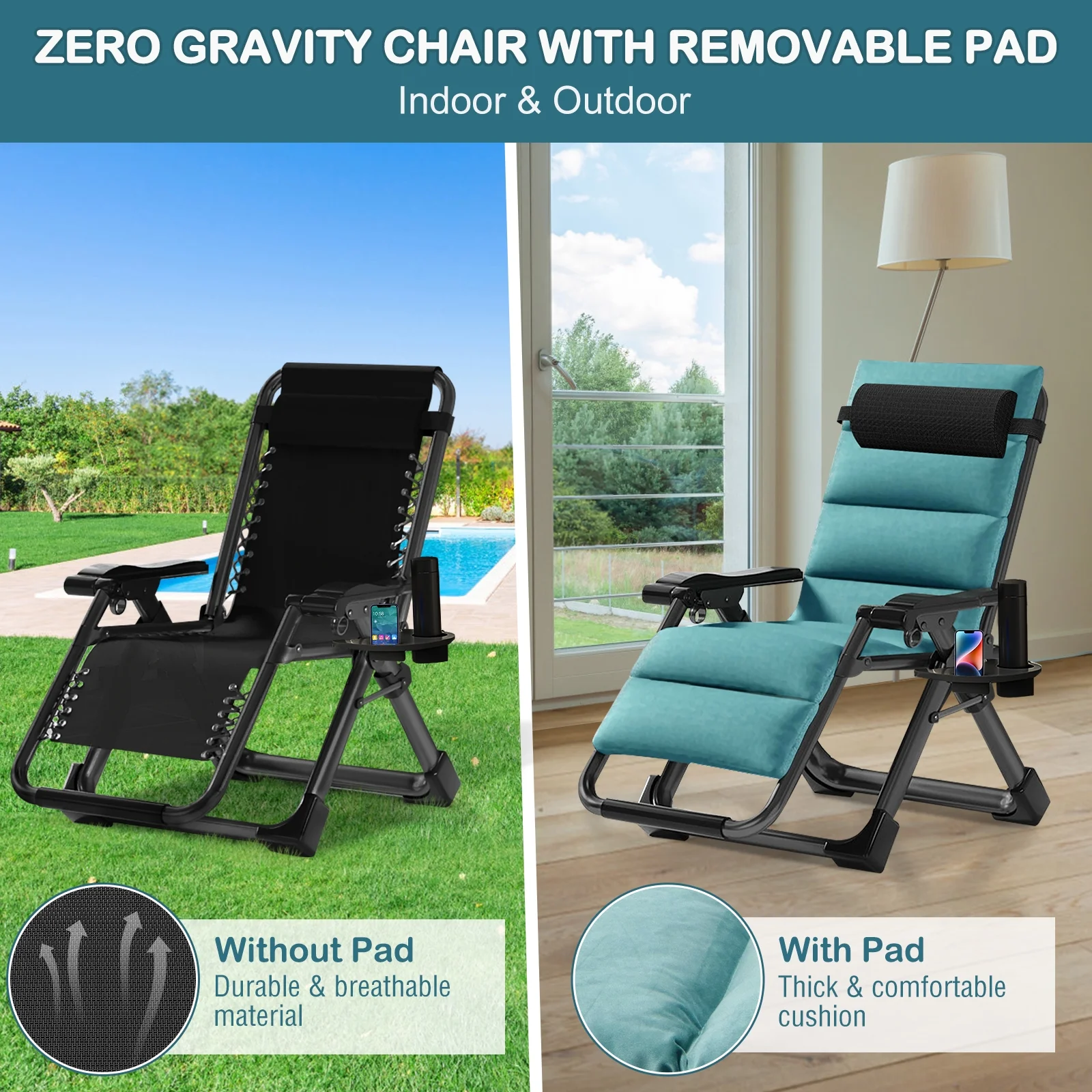 NAIZEA Zero Gravity Chair with Removable Cushion and Cup Holder Black - Image 29