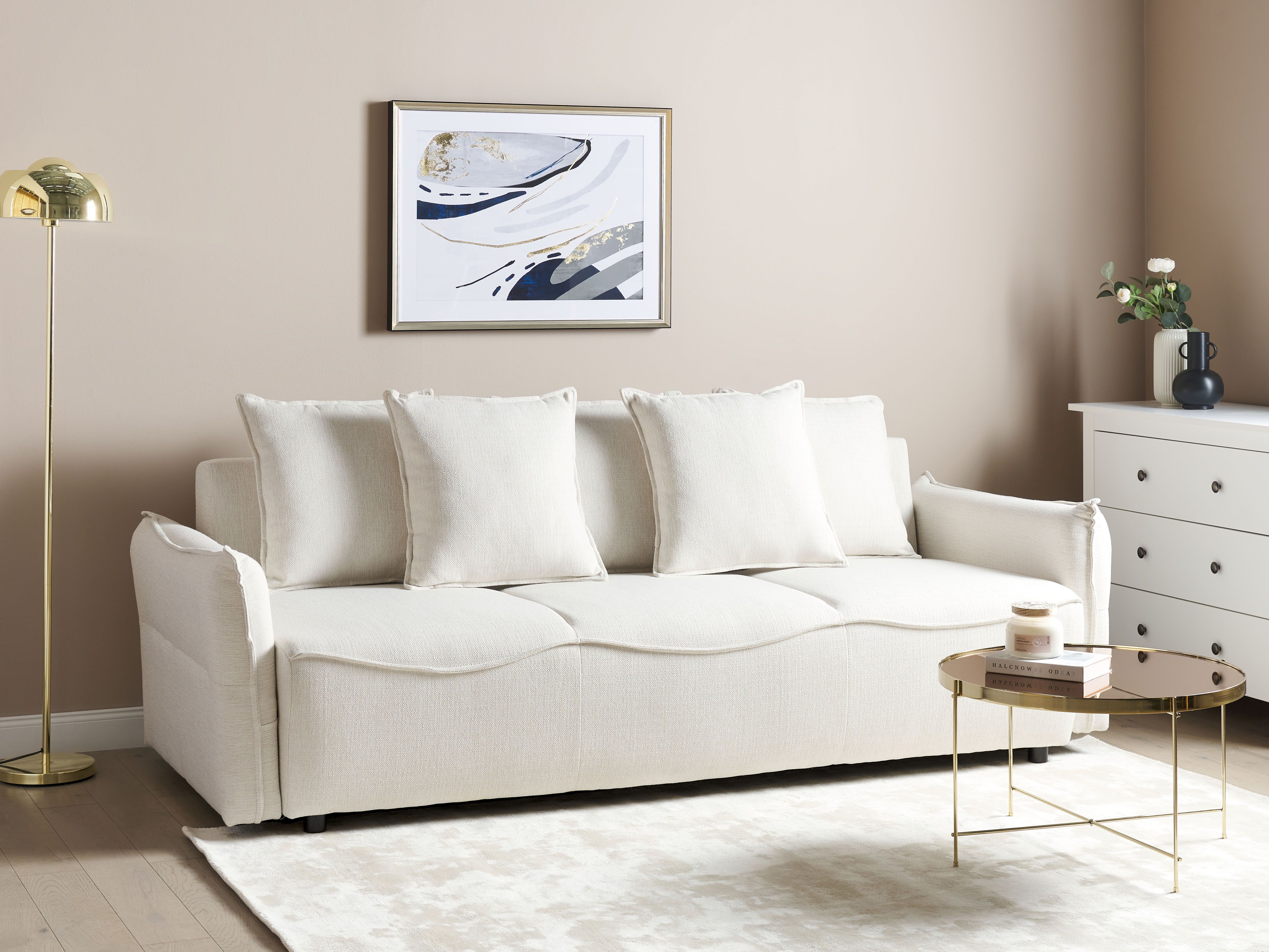 Sofa Bed 3 Seater KRAMA Fabric Off-White with Storage
